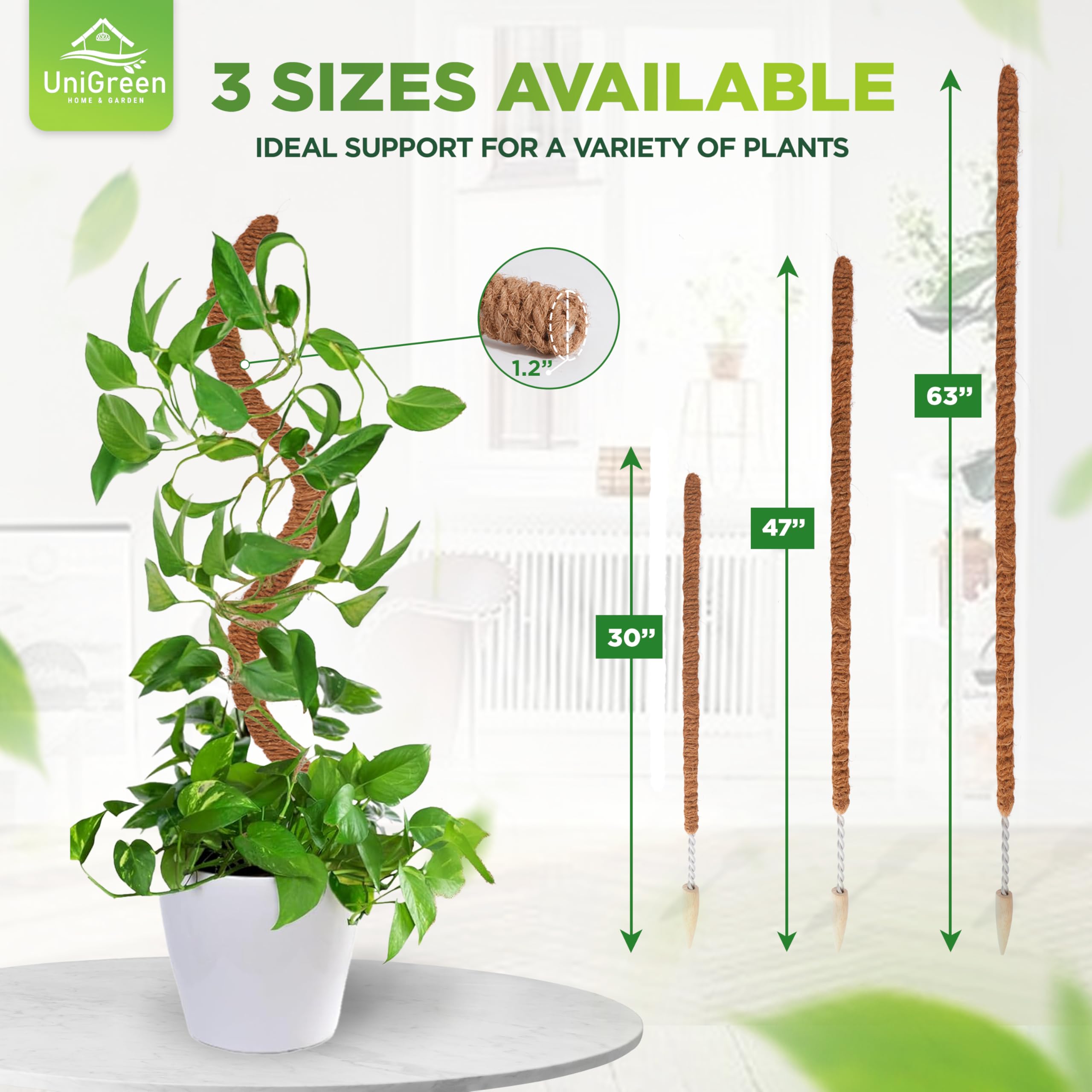 UNIGREEN - Paquete de 2 Postes de Musgo Flexibles 47 Pulgadas, Soporte para Plantas Monstera, Poste de Musgo para Plantas trepadoras, Soporte para Plantas de Interior/Exterior en