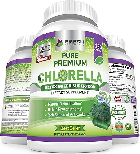 FRESH HEALTHCARE Suplemento prémium de Chlorella, cápsulas de polvo vegano puro de 1200 mg, 180 pastillas de clorofila y CFG, superalimento natural
