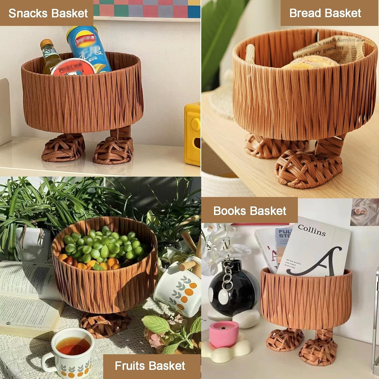 Big Foot PP Rattan Fruit Basket，9.8 inch Handmade Wicker Bread Basket Bin，Round Fruit Serving Storage Container, Funny Decorative Basket for Kitchen Bathroom Counter Organizing Home Decor(Brown-Slante