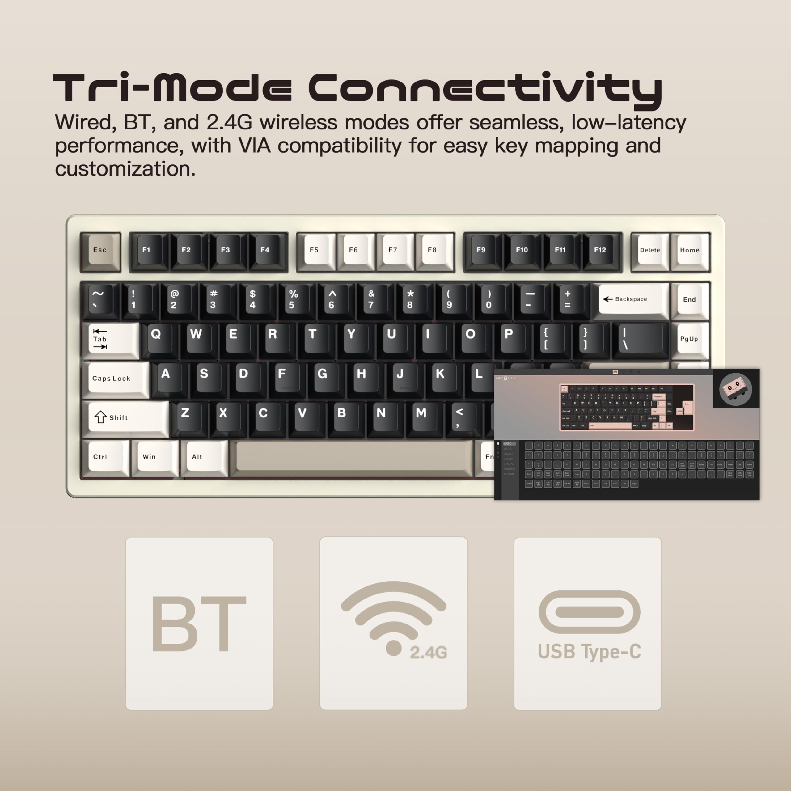 WOBKEY Rainy 75 Aluminum Cocoa Switch Mechanical Keyboard with Superior Acoustics, Wired, BT, 2.4G wireless Connectivity (Pro - White) — view 6