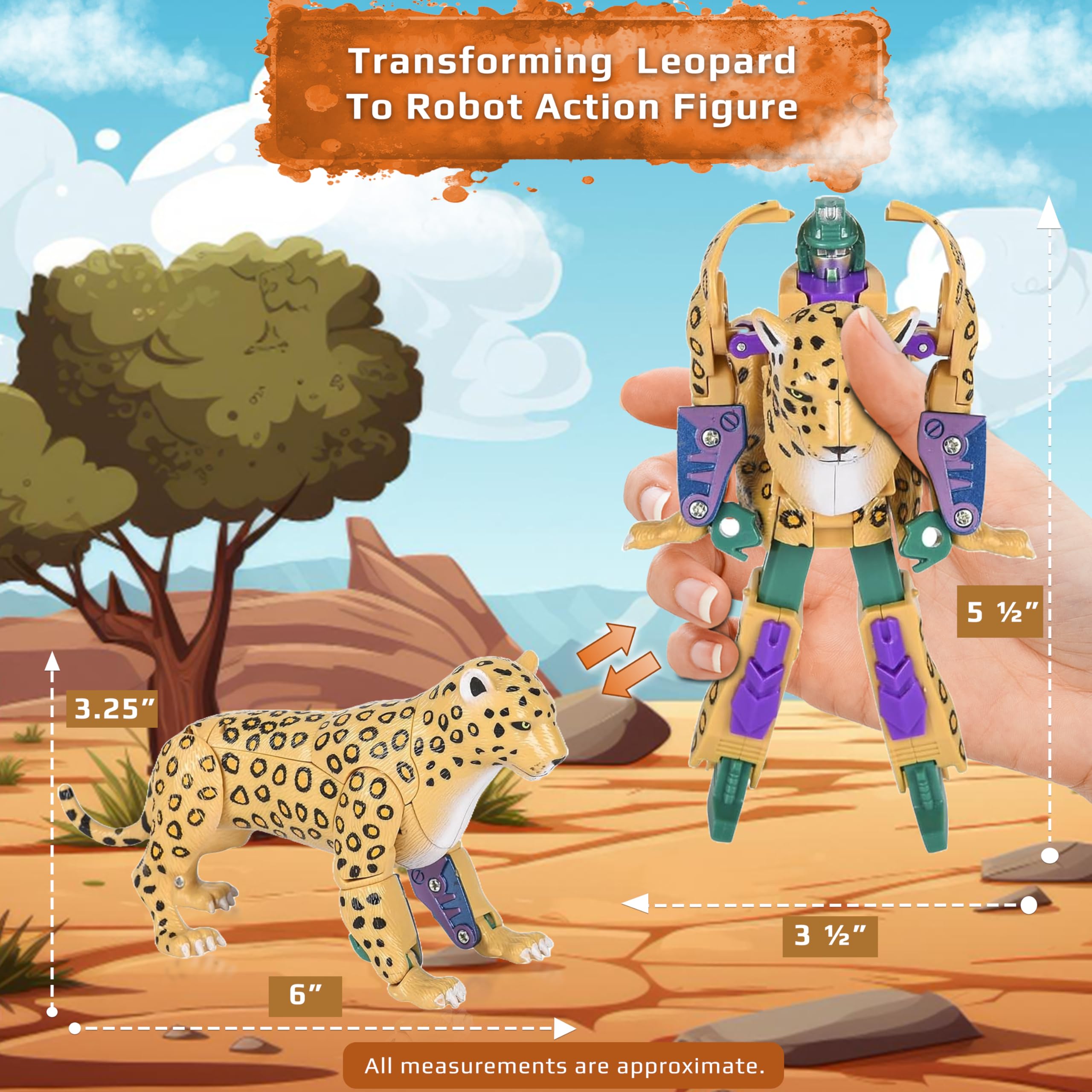 4" Leopard Jungle Animal Toy Small – Transforming Action Figure – Changes from a Detailed Animal Toy to a Unique Robot Toy in Seconds – Great Gift for Both Girls and Boys (4" Leopard)