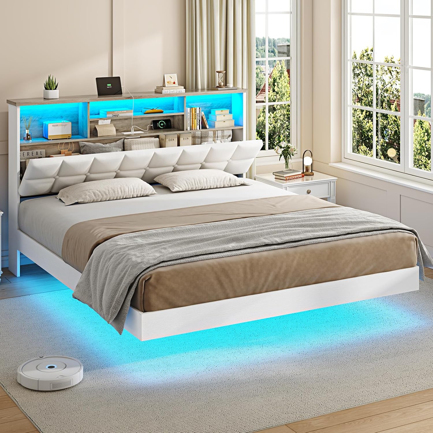 VIAGDO Floating Bed Frame Queen Size with Headboard and Storage, Upholstered Queen Platform Bed Frame with USB & Type C Charging Station and LED Lights, Hidden Storage, No Box Spring Needed, White