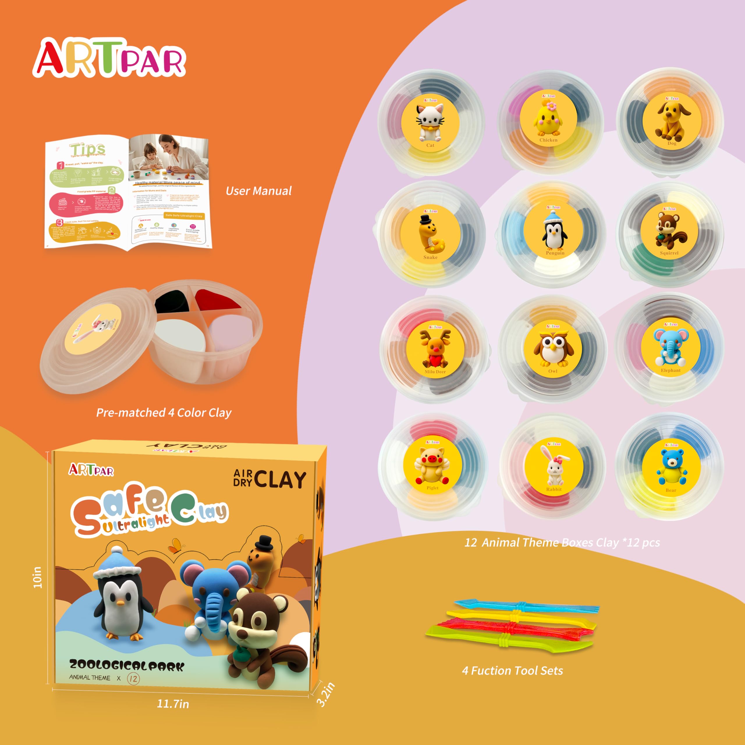 Air Dry Clay Kits for Kids-Modeling Magic Clay,12 Animals DIY Molding Clay Art Crafts Set,Ultra Light & Soft, Safe & Non-Stick with Sculpting Tools & Tutorials, Unique Gifts for Boys & Girls
