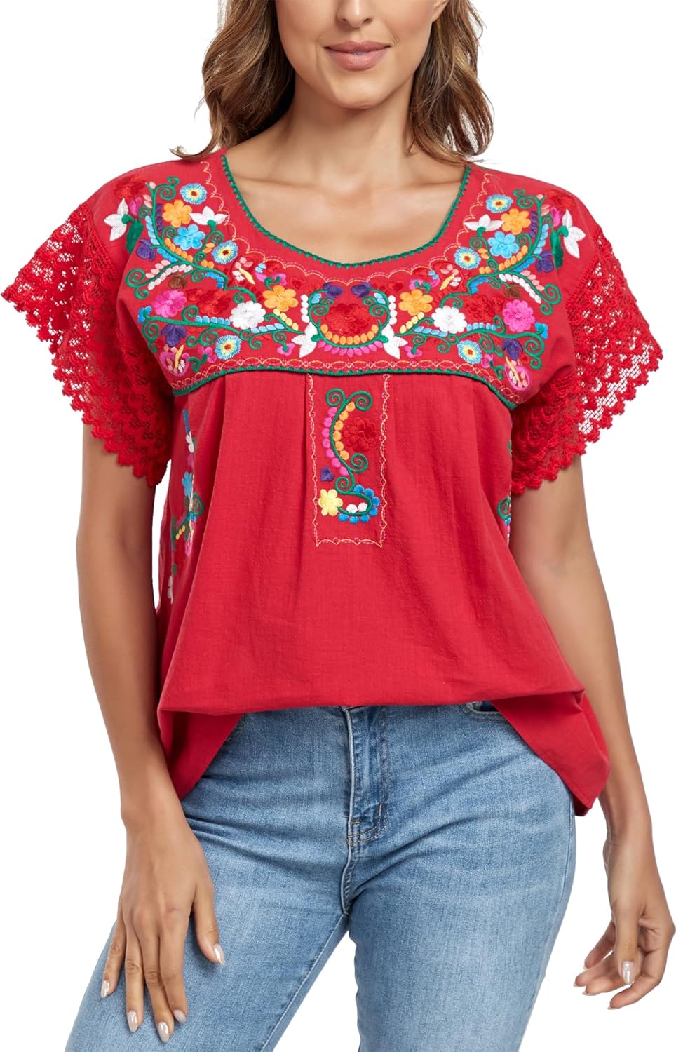 YZXDORWJ Women's Embroidered Mexican Peasant Blouse Mexico Summer Shirt Short Sleeve - Image 2