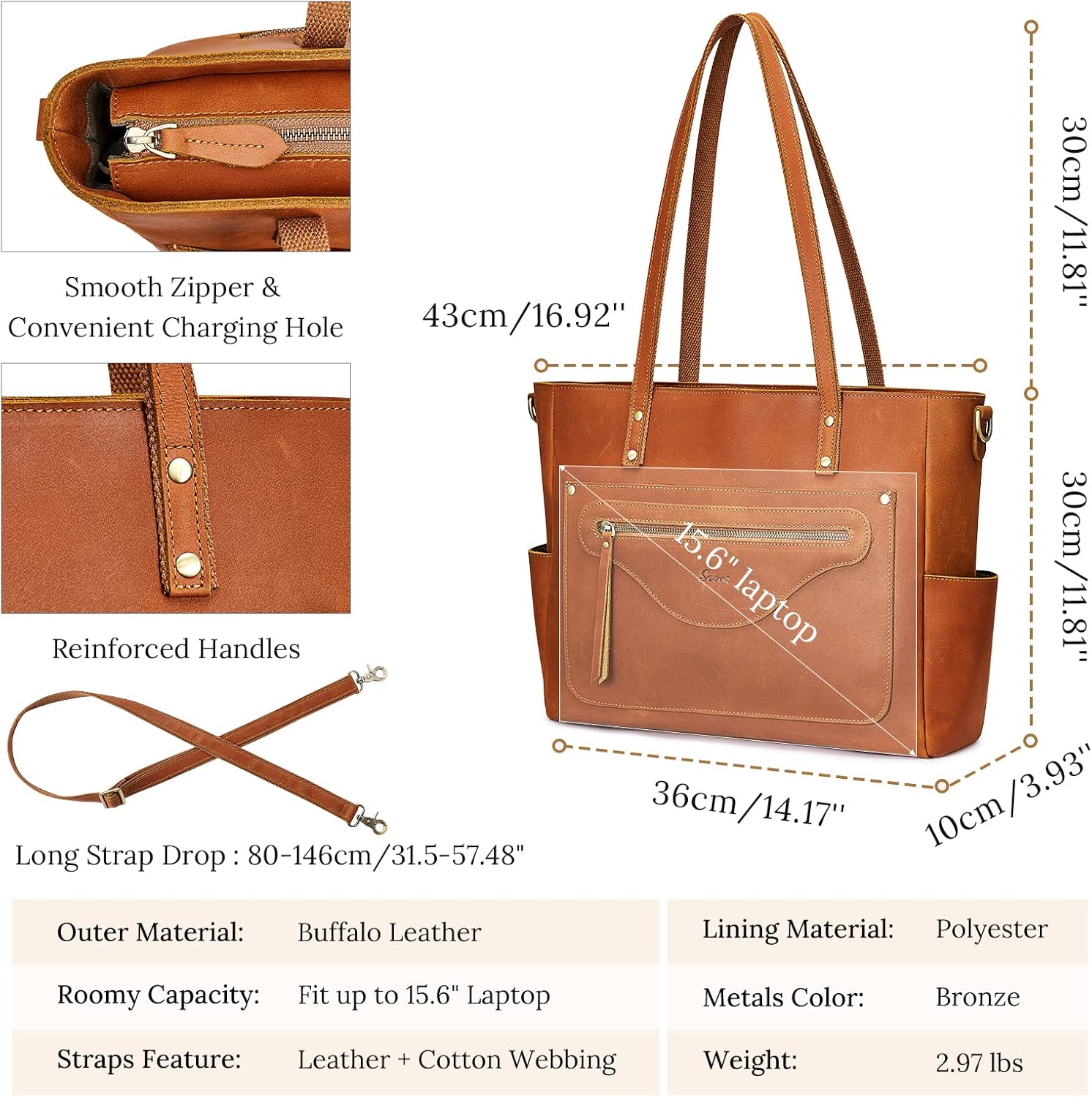 S-ZONE Women Genuine Leather Tote Bag Large Shoulder Purse Vintage Crossbody Work Handbag - Image 4