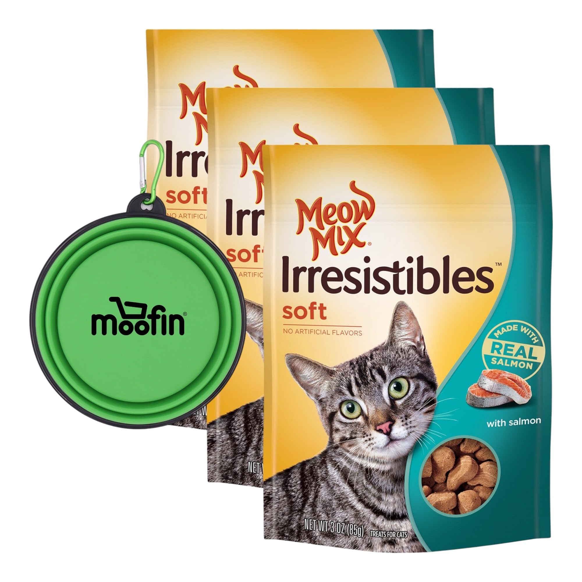 Irresistibles Soft Cat Treats, 3 oz Pouches, Salmon Cat Treats, Silicon Pet Bowl Bundle, Natural Ingredients, No Artificial Preservatives, Perfect for Training & Playtime, Pack of 3