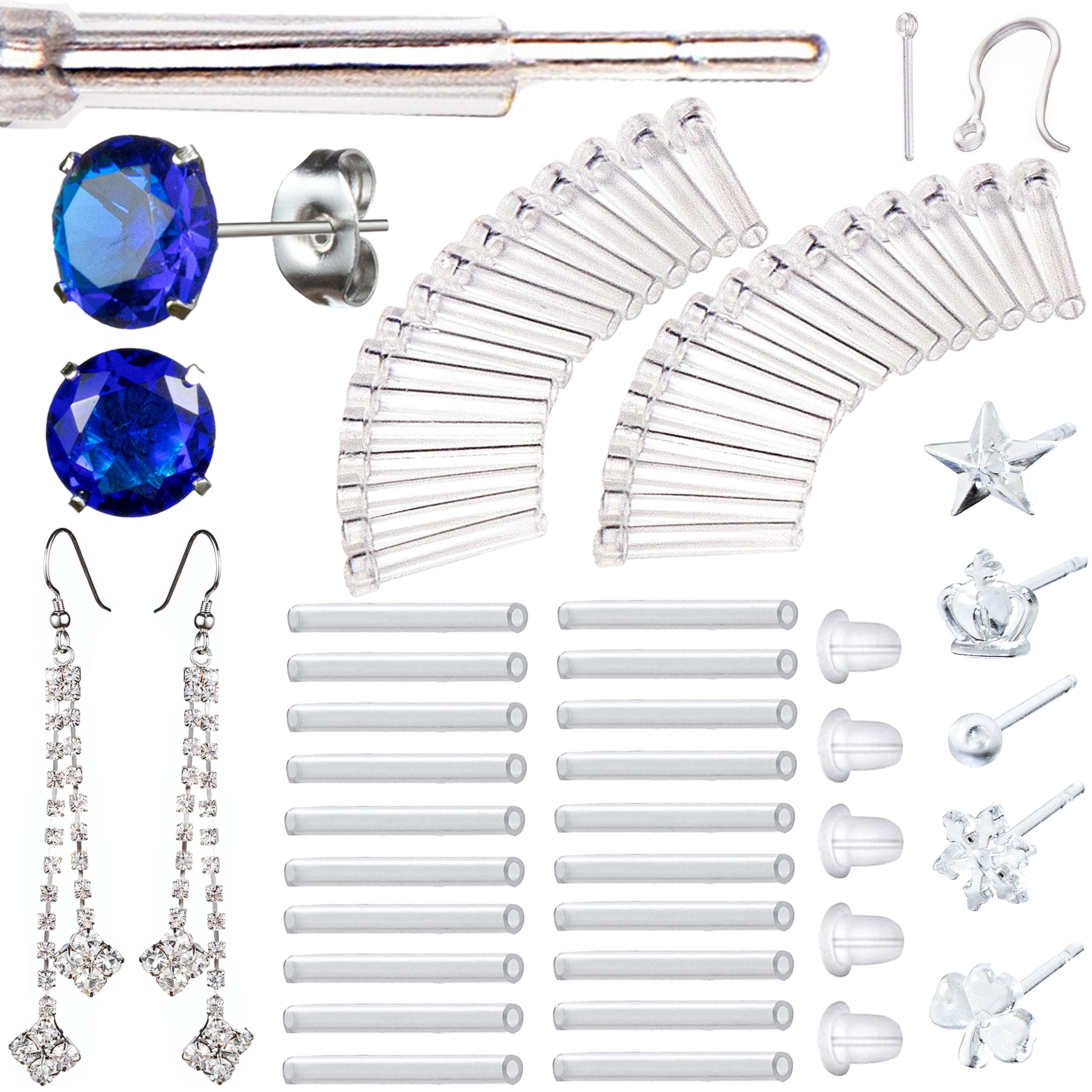 144 Pieces include Six Sizes of Silicone Anti-Allergy Sleeves Piercing Protectors & Zircon Earrings & Drop Dangle Earrings & Posts & Hooks & Backs for Sensitive Ears