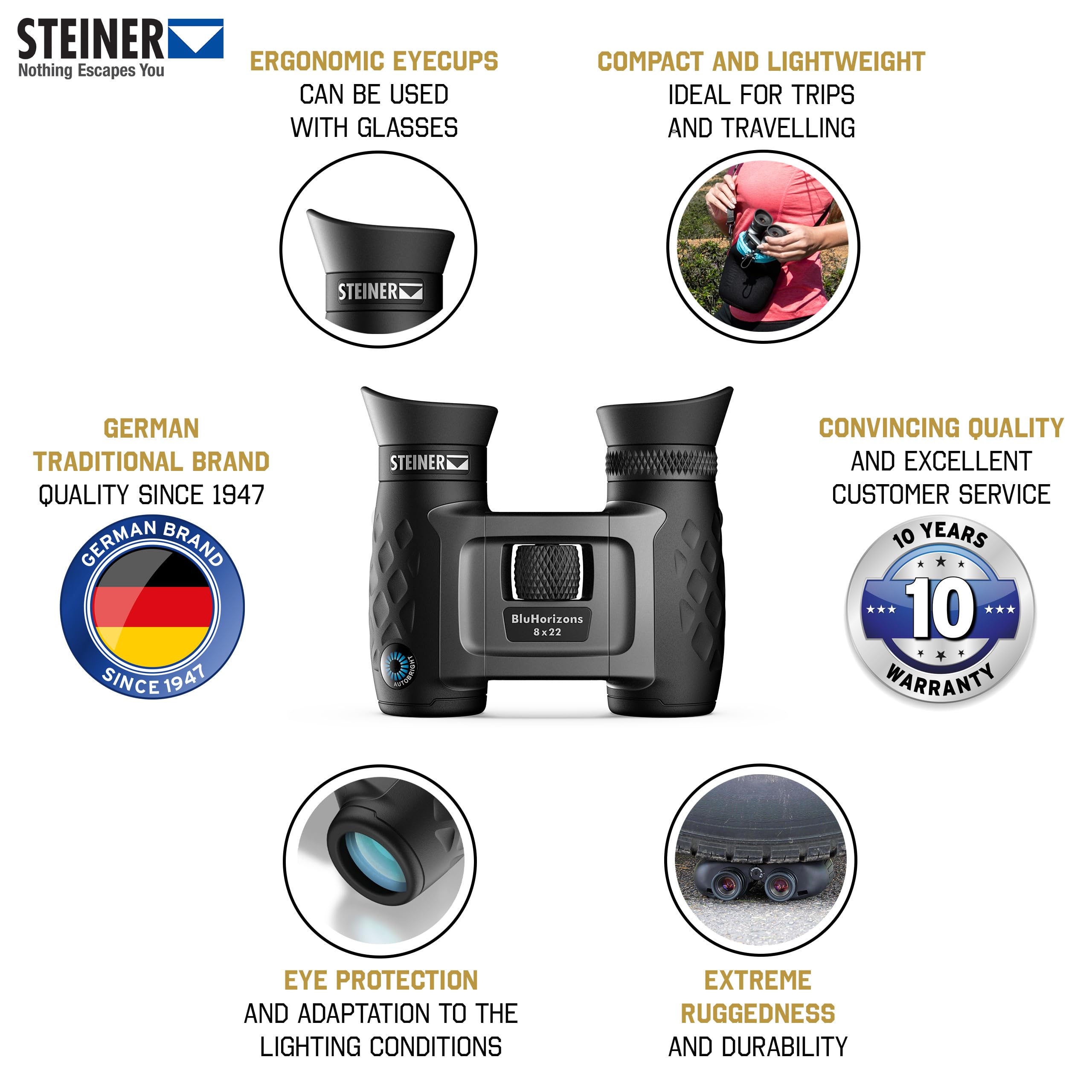 STEINER Binocolo BluHorizons 8x22 - Ottica di qualità tedesca, riduce i riflessi o l'abbagliamento da acqua, sabbia o neve, compatto e leggero