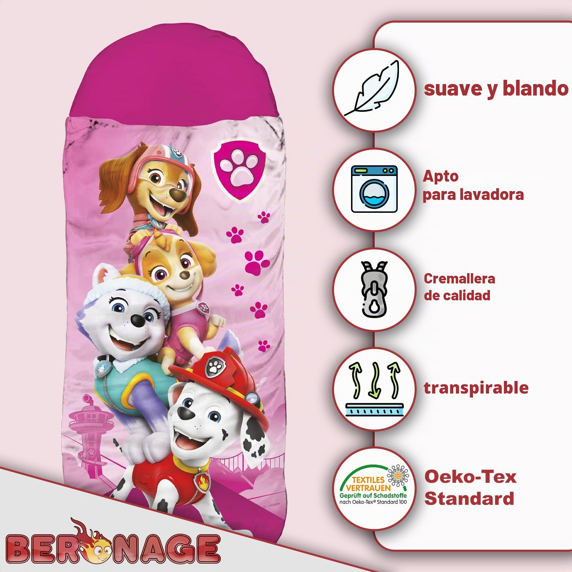 Saco de dormir infantil Paw Patrol – Rosa 140 cm + 30 cm (capucha) x 70 cm ideal para exteriores/interiores con Skye, Everest, Liberty, Marshall, saco de dormir momia para niñas y niños con cremallera