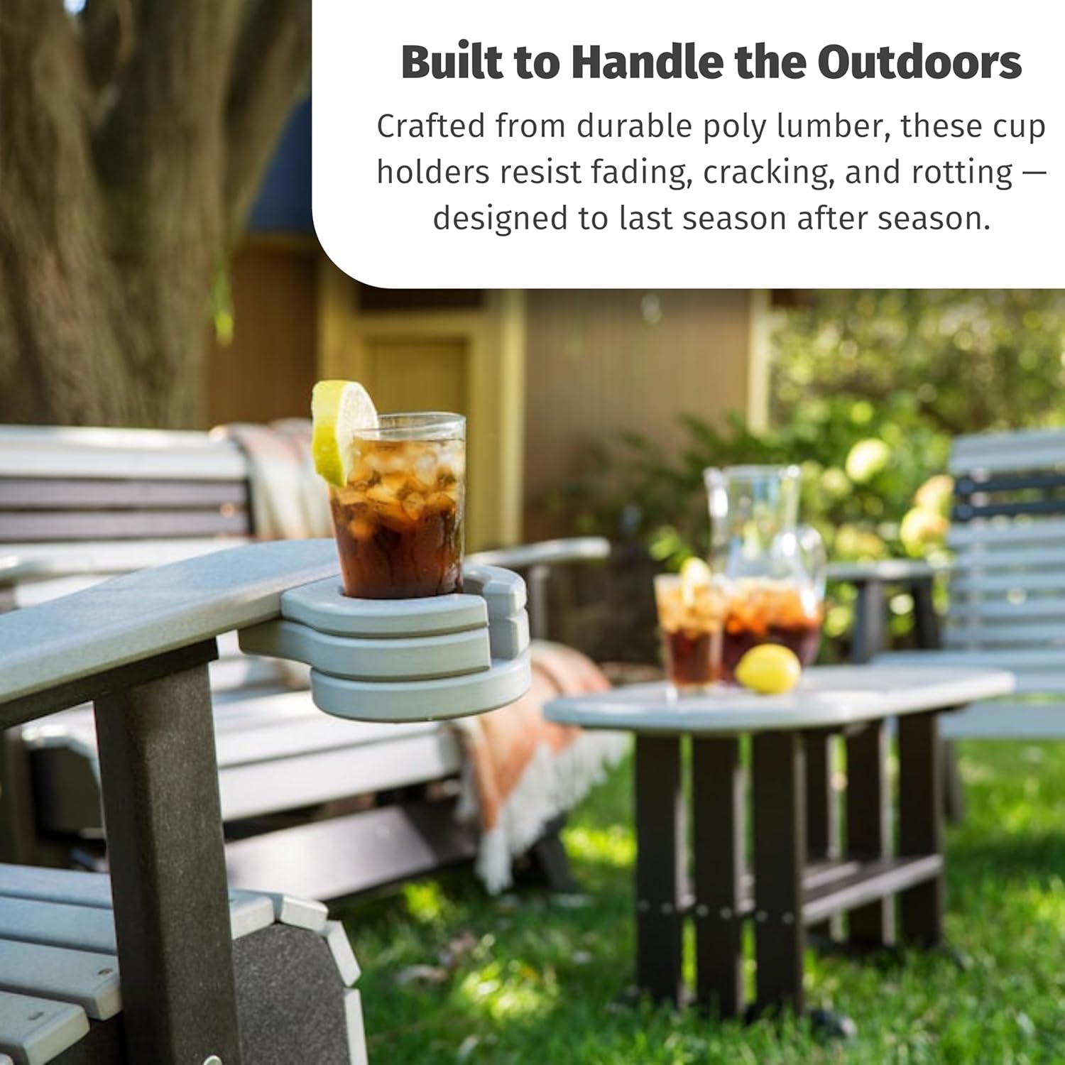 LuxCraft Adirondack Chair Cup Holder Attachment for Outdoor Lounge Furniture, Stationary Drink Holder for Swings, Gliders, Bench, Deck or Camping Chair - Amish Made in America (Blue)