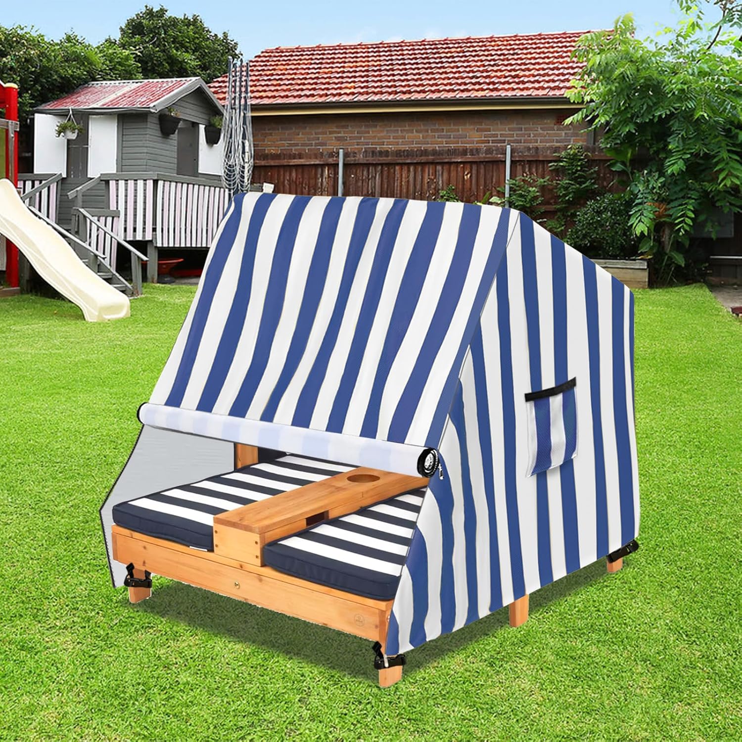 Kids Outdoor Chaise Lounge Cover for Wooden Double Chaise Lounge,Waterproof Patio Furniture Cover with Zipper for Kids or Pets,Blue