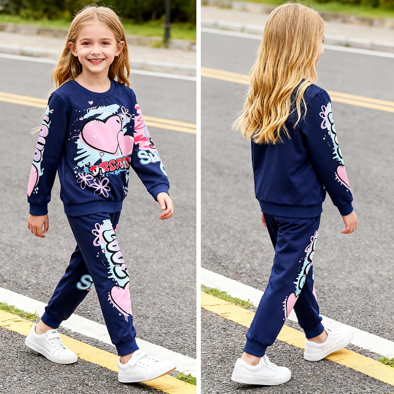 Kids Toddler Girl Clothes Heart Letter Print Long-sleeved round collar top+Letter Print Pants Outfits Set - Image 2