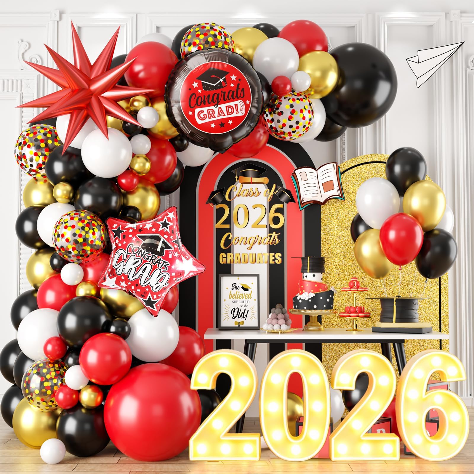 Graduation Balloon Arch Garland Kit, 2026 Graduation Party Decoration, Black Red Grad Balloons with Graduation Congrats Foil Balloons for Girls Class