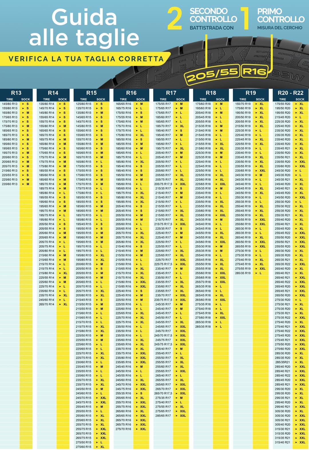 ARCOL Calze da Neve Omologate Italia EN 16662-1 - Due Catene da Neve in Tessuto per Auto. Snow Sock Taglia XL per R14 - R22 (Misure per Pneumatici Dettagliate all'Interno) (Control, XL)