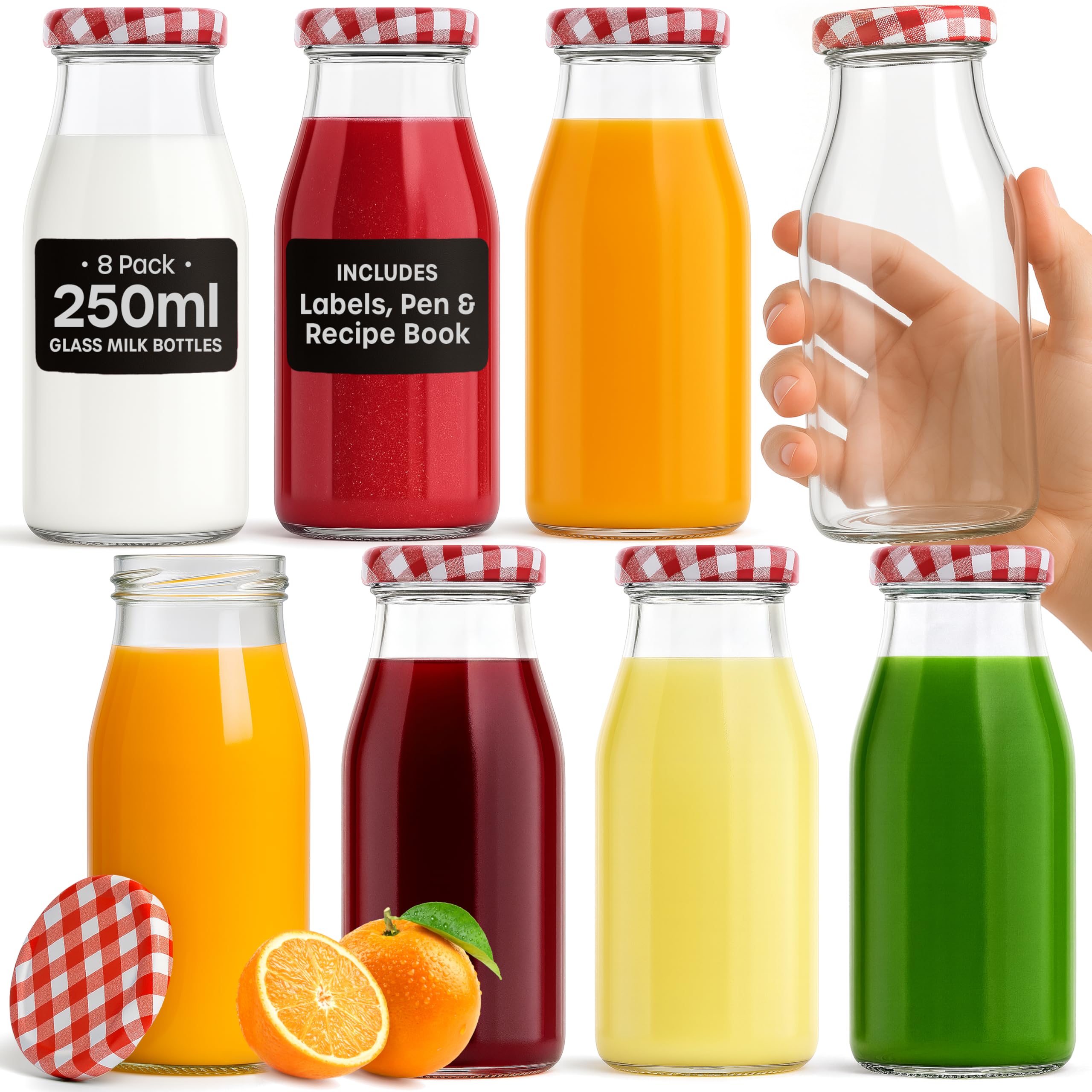 volila Glass Milk Bottles - 8 Pack x 250ml with Lids, Labels, and Pen - Reusable for Juices, Dressings, Sauces, Beverages, Decoration and Storage (Red Gingham Lid)