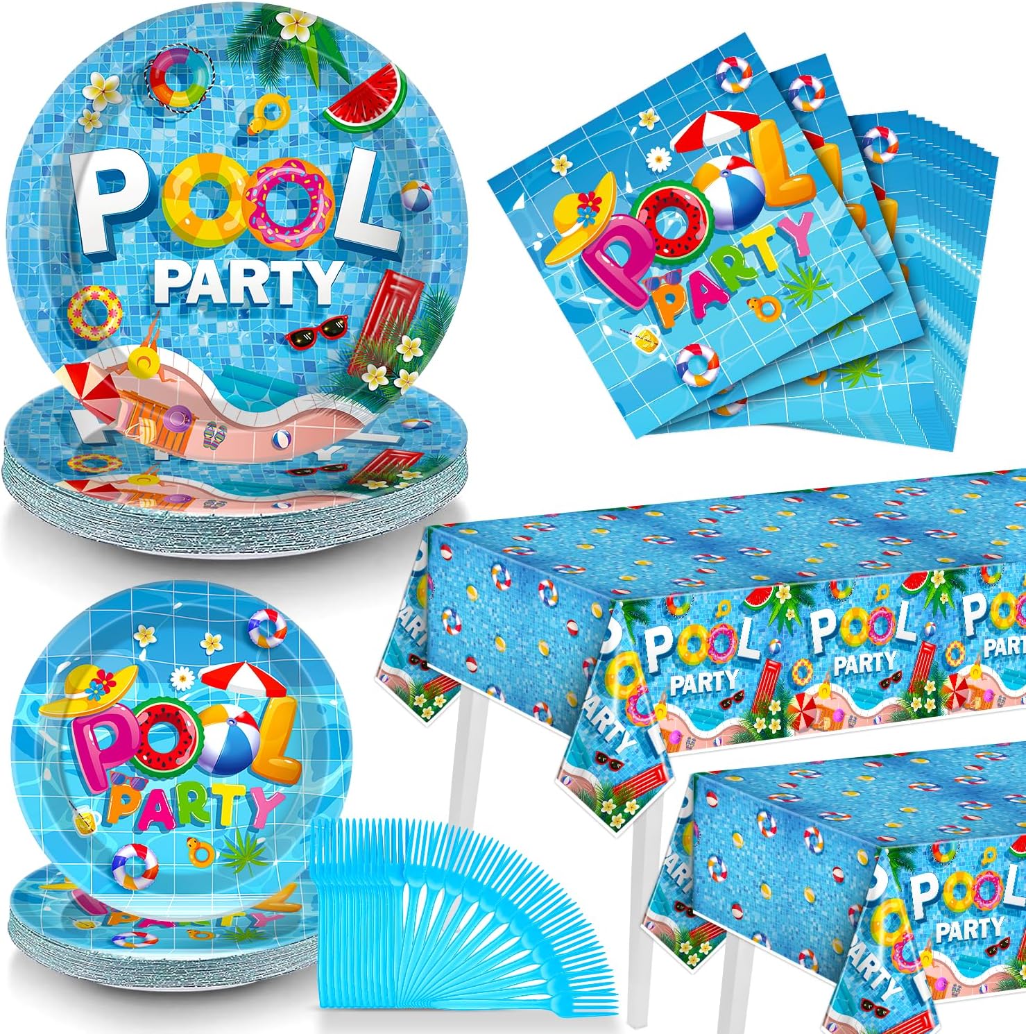 tineit 98 Pcs Summer Tableware, Pool Party Decorations Include Tablecloth, Plastic Summer Fork, Plates and Napkins, Pool Party Supplies