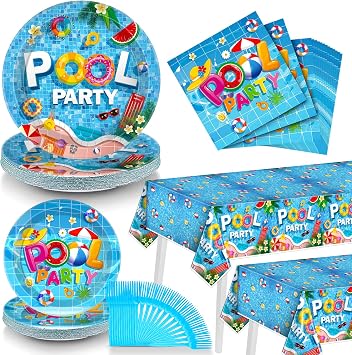 98 Pcs Summer Tableware, Pool Party Decorations Include Tablecloth, Plastic Summer Fork, Plates and Napkins, Pool Party Supplies