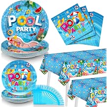 98 Pcs Summer Tableware, Pool Party Decorations Include Tablecloth, Plastic Summer Fork, Plates and Napkins, Pool Party Supplies
