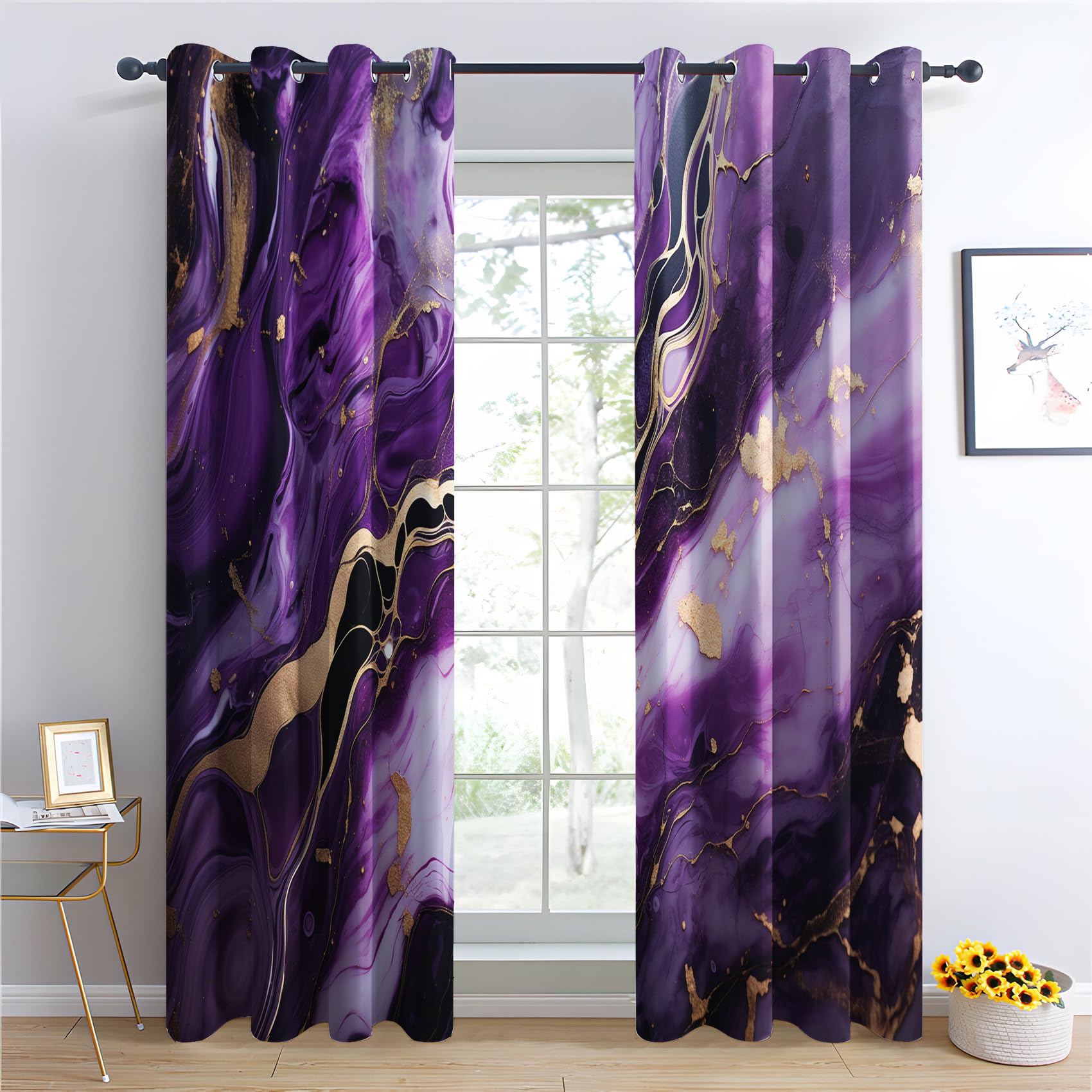 Qeodah Purple Gold Marble Blackout Curtains For Bedroom - Purple And Gold Modern Abstract Luxury Living Room Curtains 90X90 Eyelet - Soft Thermal Insulated Patterned Drapes For Windows - 2 Panels