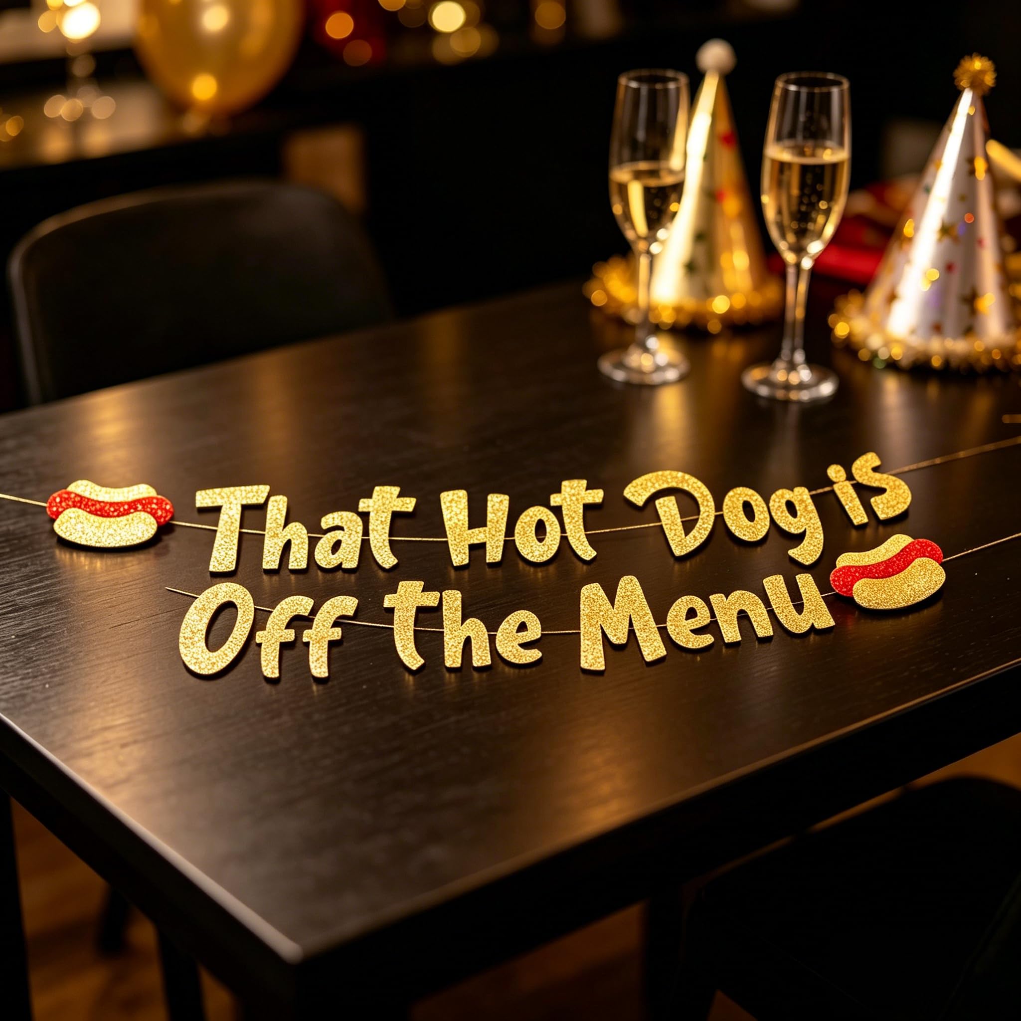 Hen Party Decorations - Humorous 'That Hot Dog is Off The Menu' Glitter Banner with Non-Shed Glitter Technology - 6.2ft Adjustable Wedding Decor for Bachelorette & Bridal Showers
