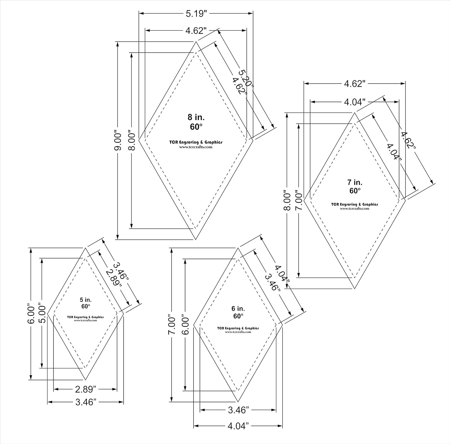 Diamond Templates 5 Inch, 6 Inch, 7 Inch, 8 Inch - Clear 1/8 Inch 60 Degree
