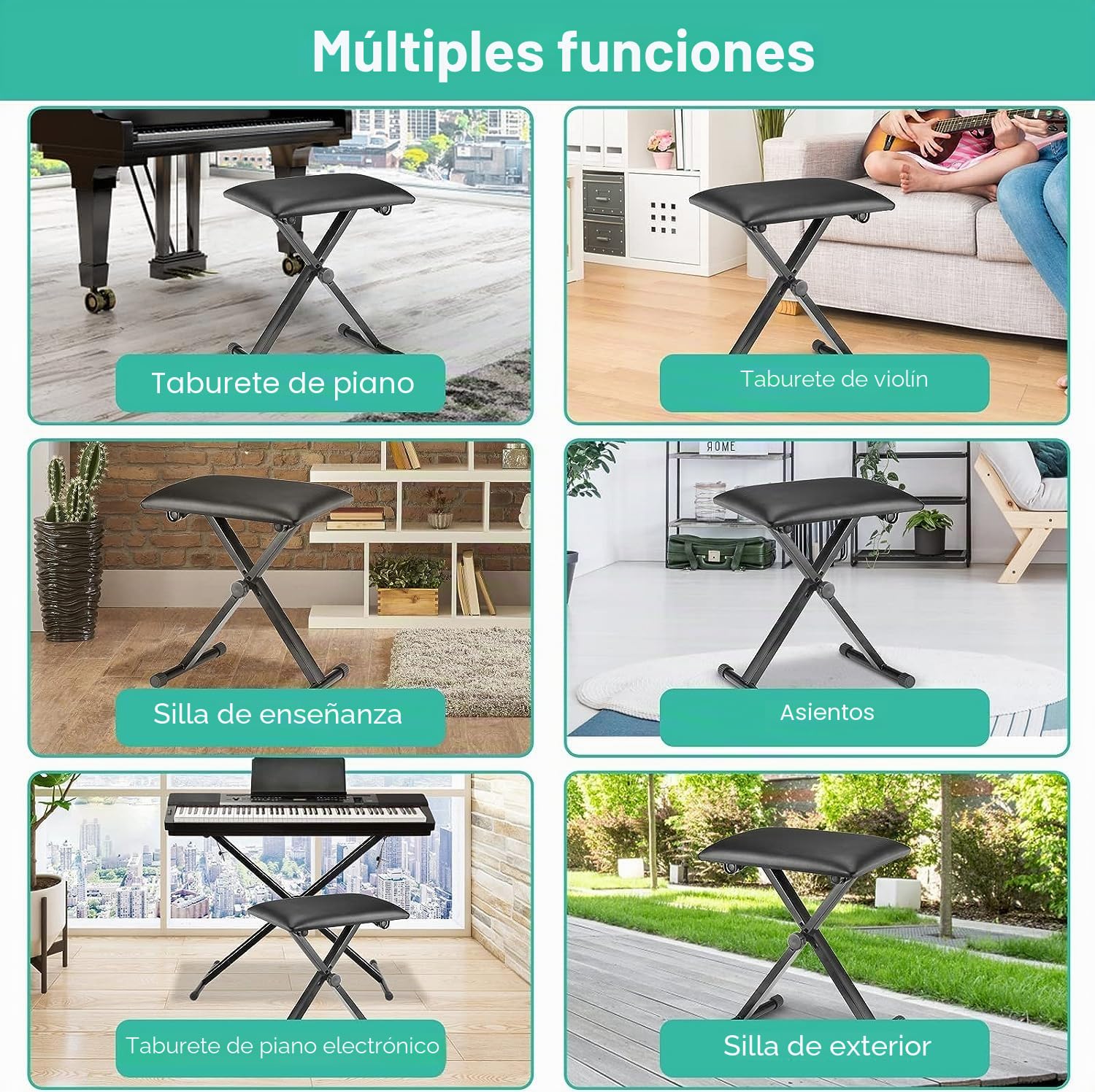 MAMIZO Taburete para teclado de altura ajustable, taburete para piano en forma de X, plegable, banco acolchado para teclado, banco de piano de piel sintética, color negro
