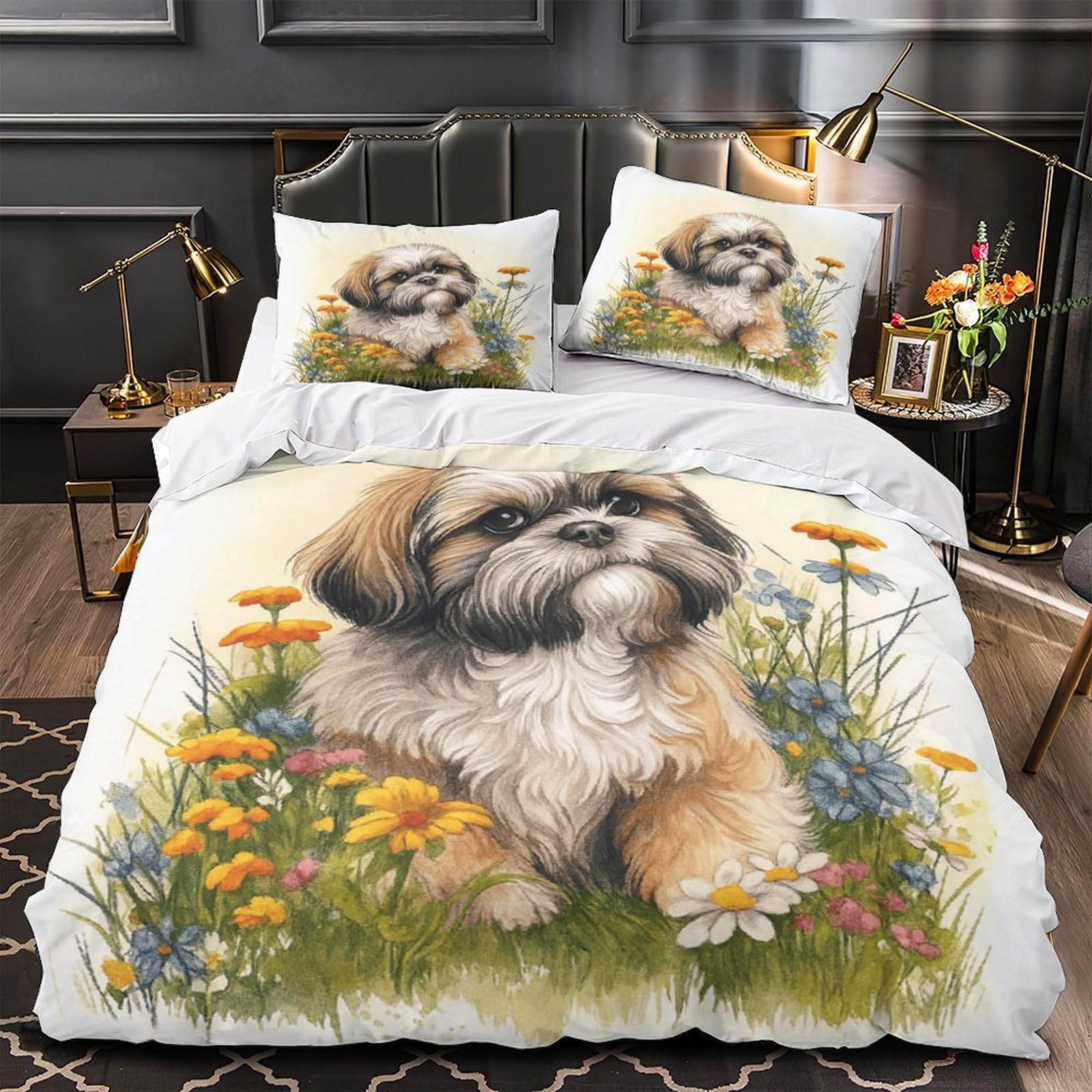 Housse de couette Shih Tzu 140x200 parure de lit enfant en microfibre jardin floral 3D