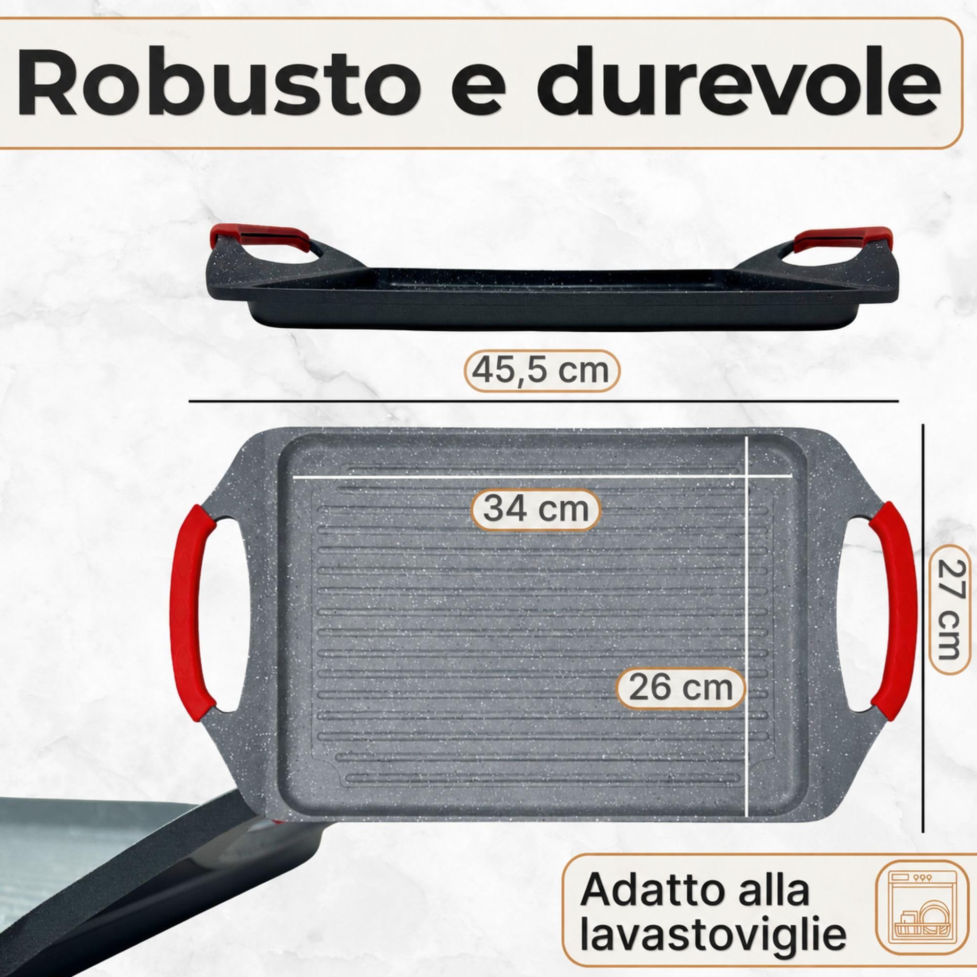 NAMAI - Bistecchiera Induzione Rettangolare, 45,5 CM x 27 CM | Rivestimento Antiaderente, Alluminio Pressofuso, Adatta In Lavastoviglie, Adatta a Tutti i Piani Cottura