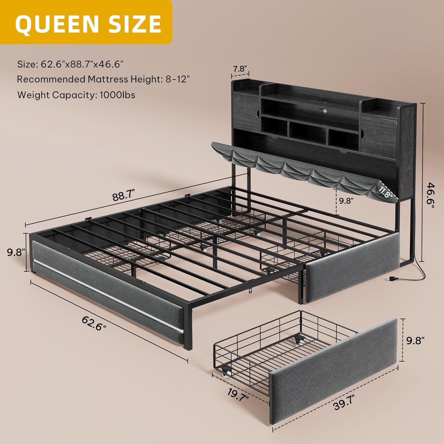 dwvo queen size bed frame with rgb led lights & storage bookcase headboard, upholstered bed with charging station and 4 drawers, no box spring needed, easy assembly, noise-free, velvet grey velvet grey queen