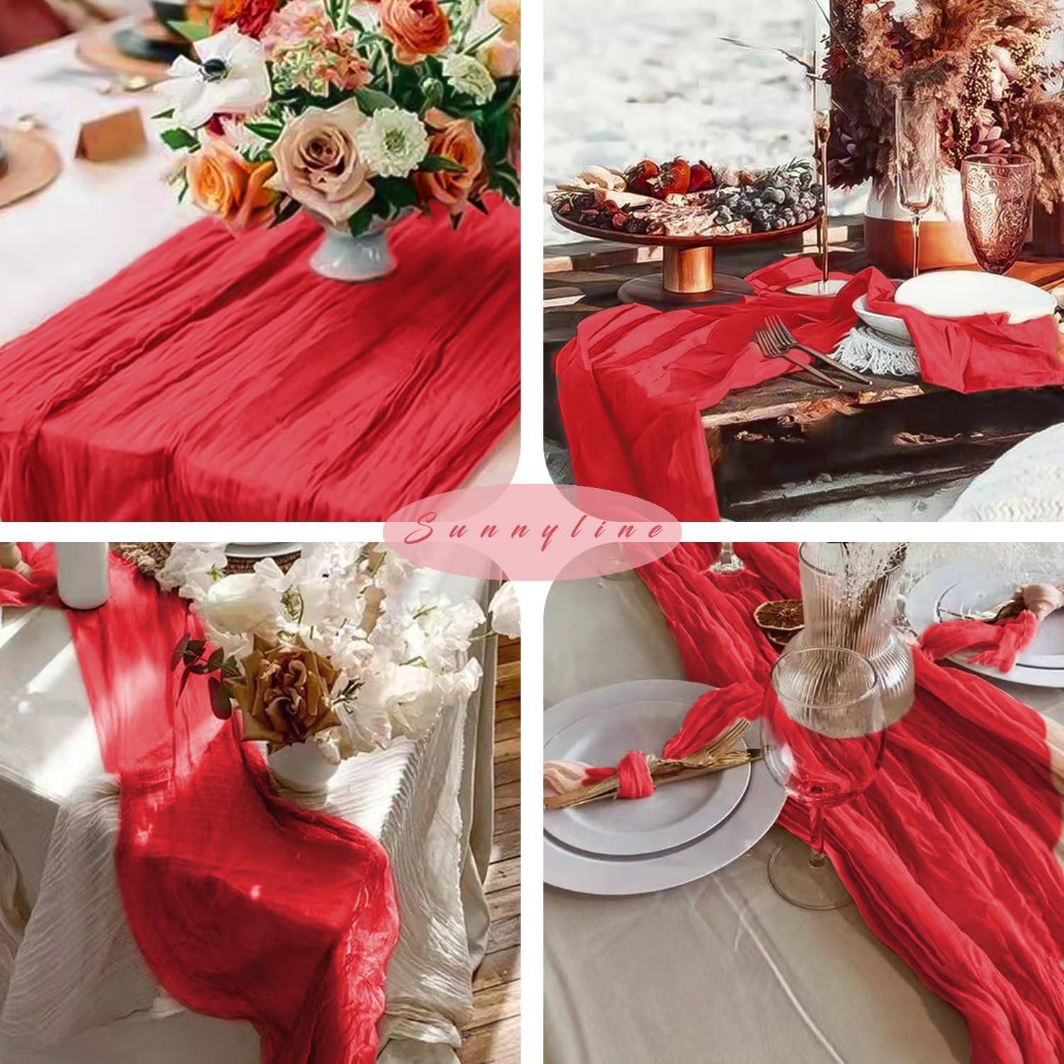 Camino de mesa rojo de gasa de gasa de 35 x 120 pulgadas de largo, camino de mesa bohemio de 3 pies, camino de mesa rústico transparente para boda, baby shower, cumpleaños, vacaciones, fiesta,