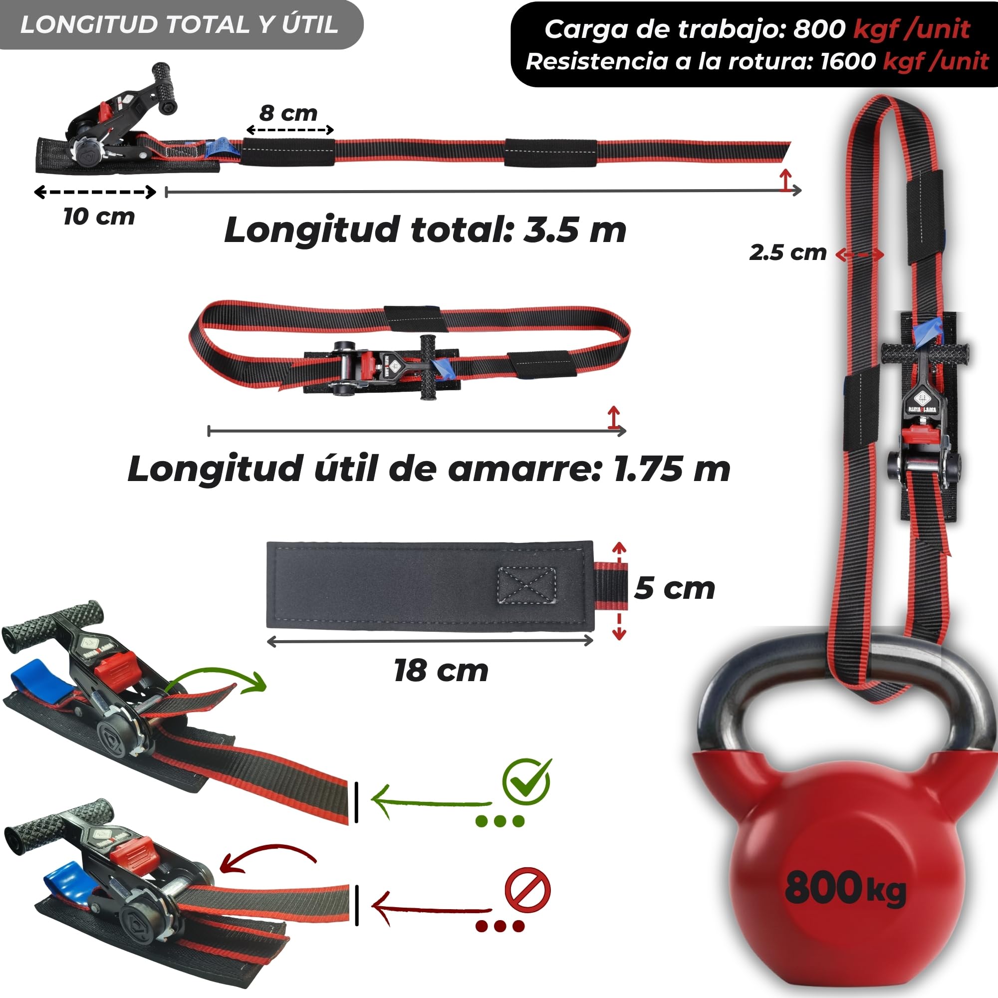 RUNAFLAMA - Cinchas de Amarre Carraca con Protección - Eslingas de Carga para Baca Coche, Surf, Kayak, Paddle - Trinchas de Sujeción a Portabicicletas - F. Rotura 1600 kgf/Cinta - 2 Correas de 3,5m — view 6