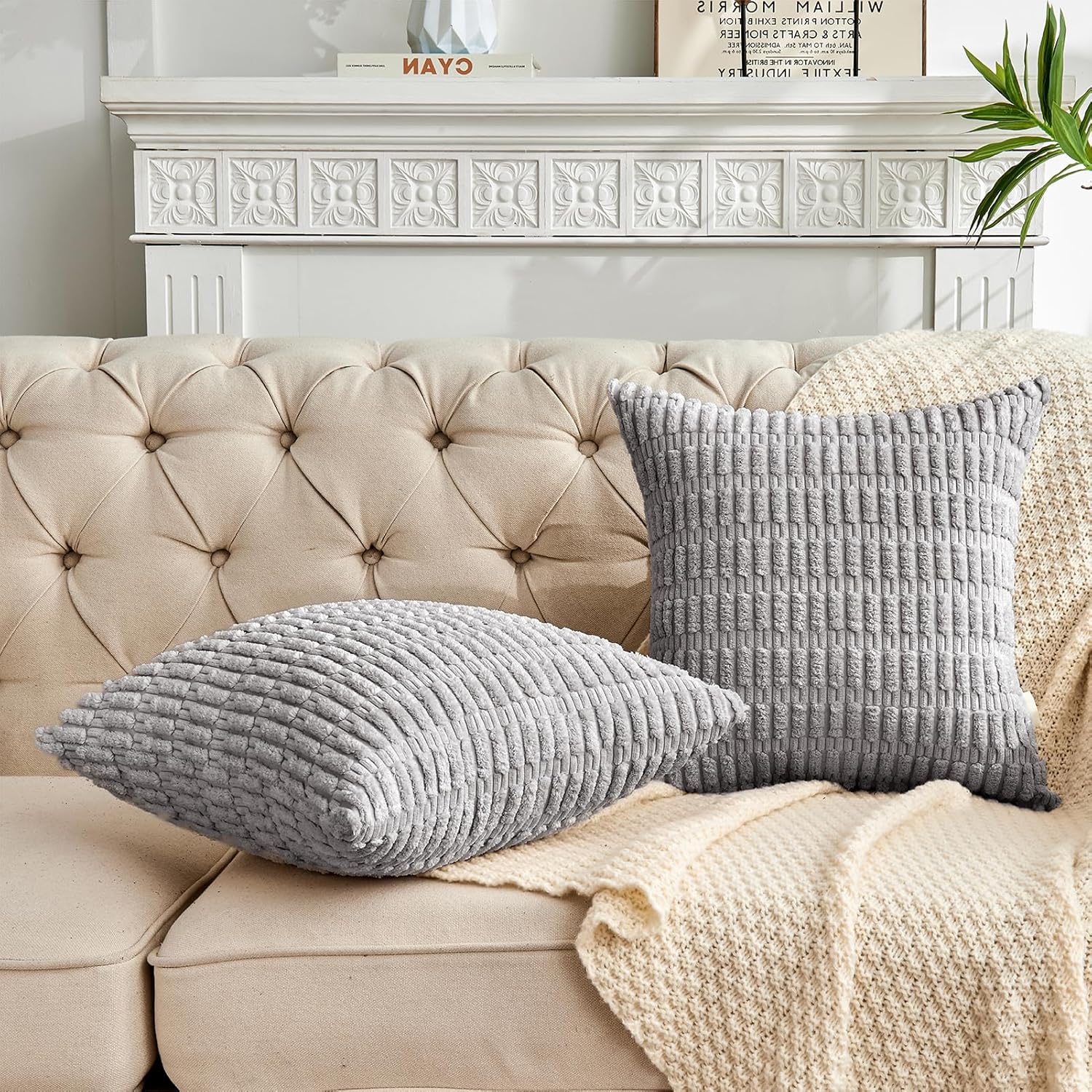 FY FIBER HOUSE Pack of 2 Striped Corduroy Throw Pillow Cover Decorative Couch Pillow Covers for Bed Sofa Living Room 18"×18" Grey - Image 2