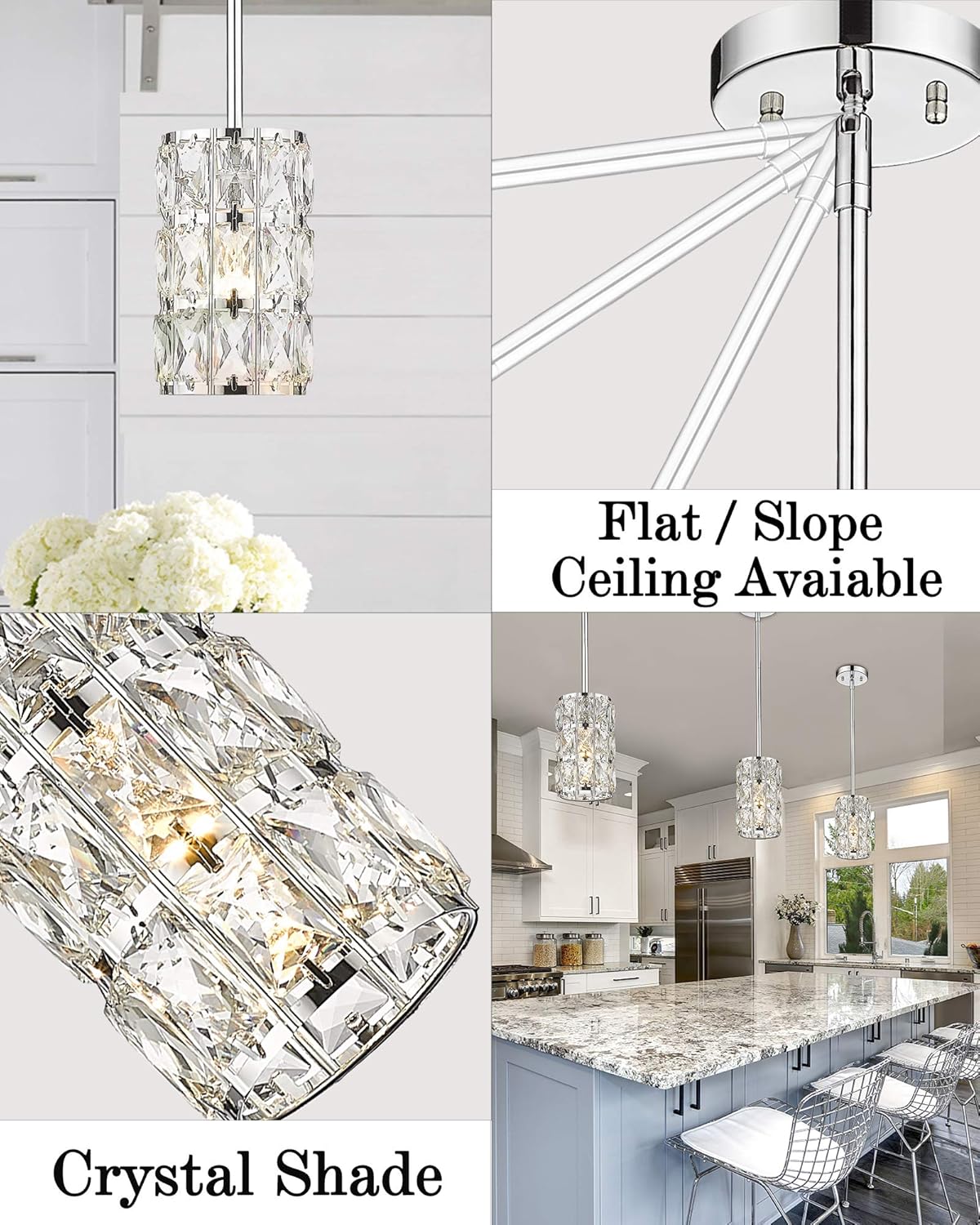 CALDION Mini Crystal Pendant Light Kitchen Island, 1-Light Moden Pendant Light Fixtures, Adjustable Rods Pendant Lighting for Dining Room Bedroom Bar Cofe Bedroom Chrome Finish, 6869PL-CH