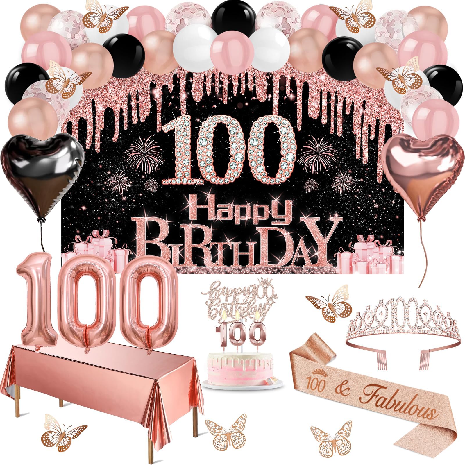 Amosking 100th Birthday Decorations for Women Rose Gold Black 51pcs โ image 1
