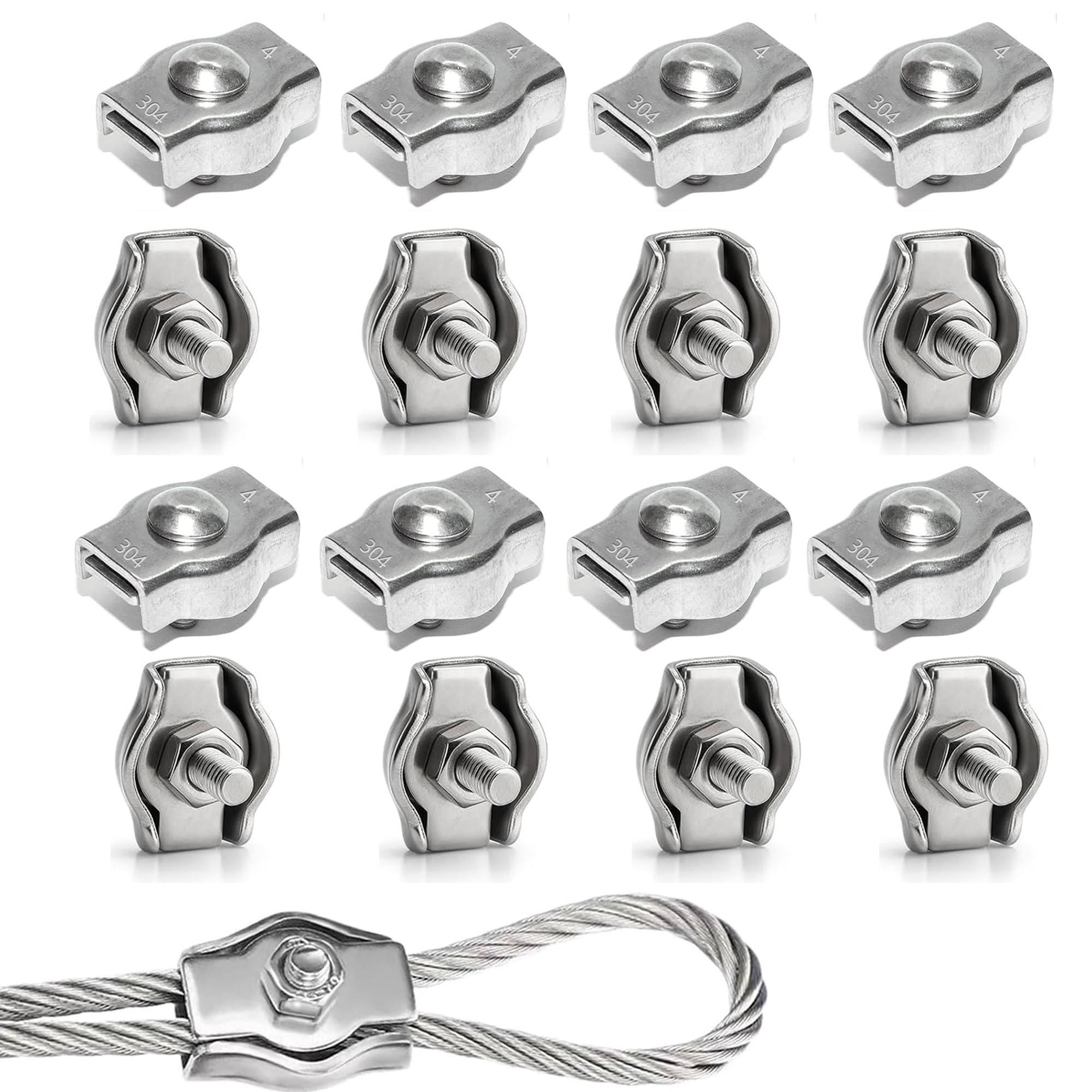 Rshuhx M4 16pcs Wire Rope Clip Clamp 305 Stainless Steel Cable Clip Wire Rope Cable Clamp for Rigging Ropes and Tension Cable Garden Tensioning Awning Fixed Clothesline Tensioner
