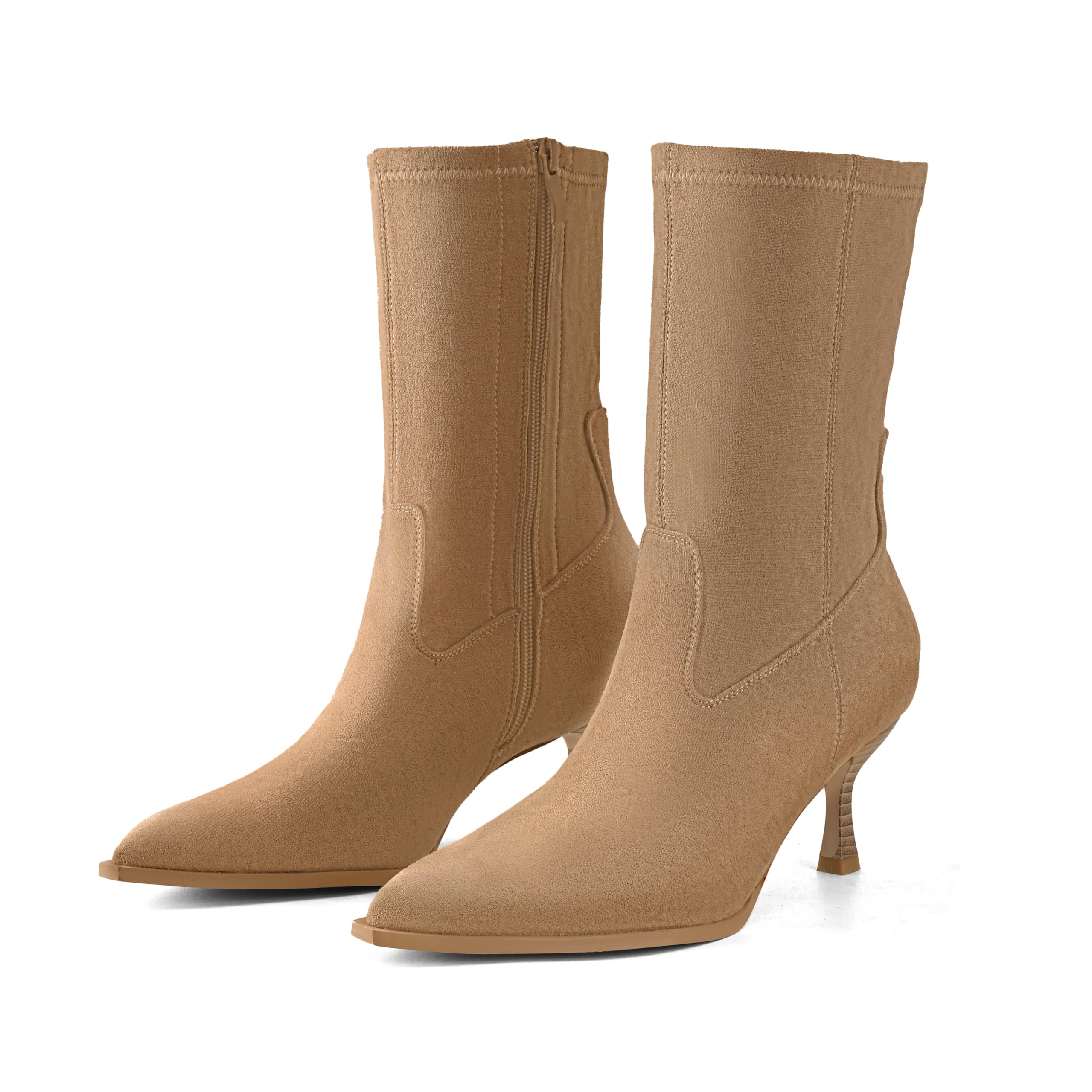 Kitten Heel Ankle Boots for Women Pointed Toe Stacked Stiletto Booties with Side Zipper Mid Calf Short Fashion