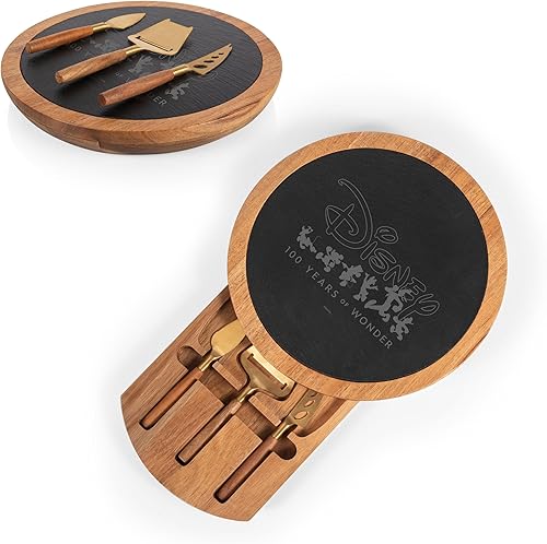 PICNIC TIME Insignia - Juego de cuchillos, charcutería, plato para servir, tabla de queso, 12.5 x 12.5 x 1.4, Disney 100-madera de acacia y negro