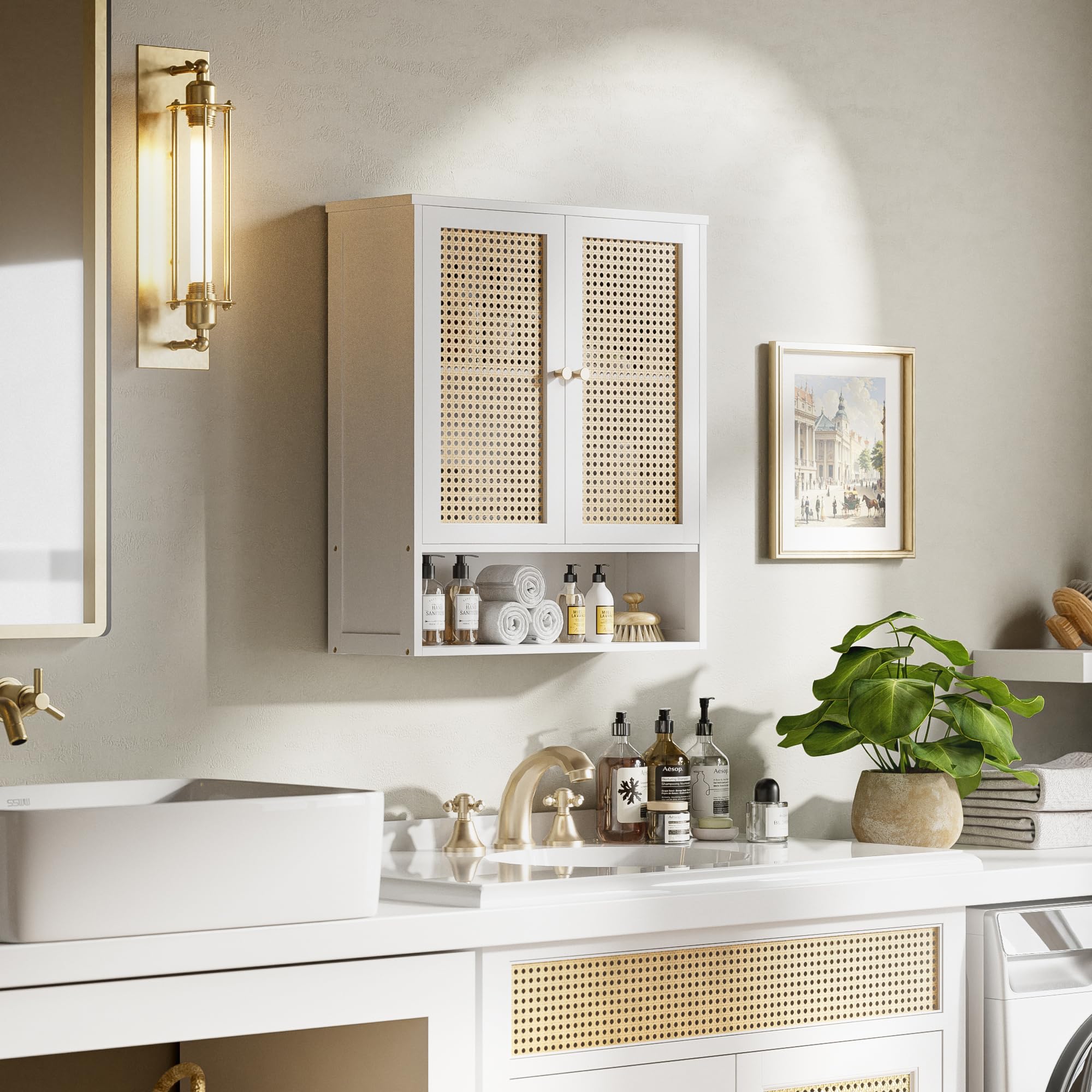 HITNET Bambus-Medizinschrank, Rattan Badezimmer Wandschrank über Toilette, Bad Oberschrank Platzsparer mit 2 Türen und offenem Regal für Wohnzimmer, Küche, Esszimmer, Weiß Küche, Haushalt & Wohnen