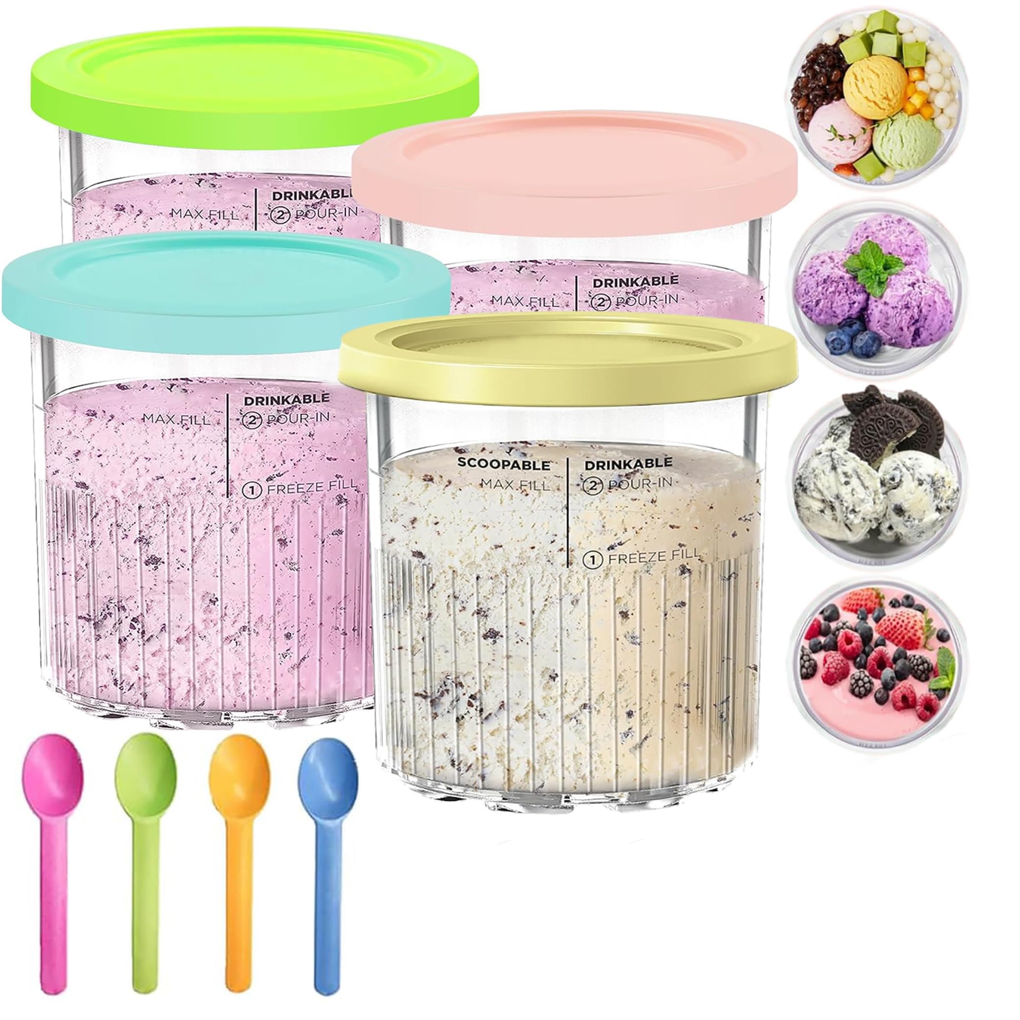 4 Pezzi Contenitori per Gelato per Ninja Creami,Vaschetta Contenitore Gelato,Vaschette per Gelato Riutilizzabili,Vaschette per Gelato con Coperchi y 4 cucchiai