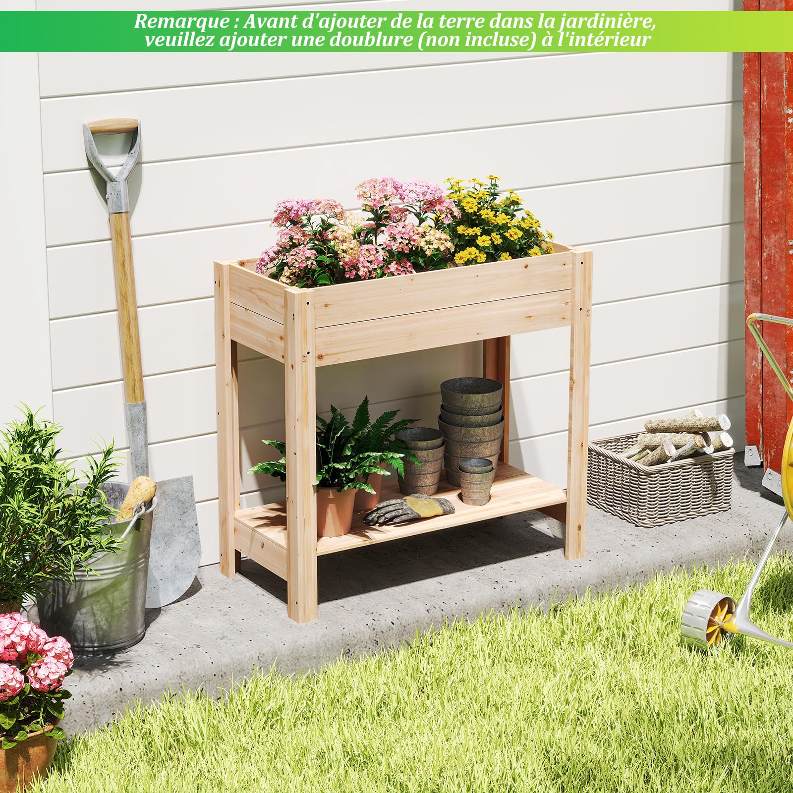 COSTWAY Jardinière Surélevée en Bois avec Pieds, Lit de Jardin avec Étagère de Rangement et Trous de Drainage, Conteneur pour Fleurs Herbes Légumes Fruits (81 x 38 x 76 cm)
