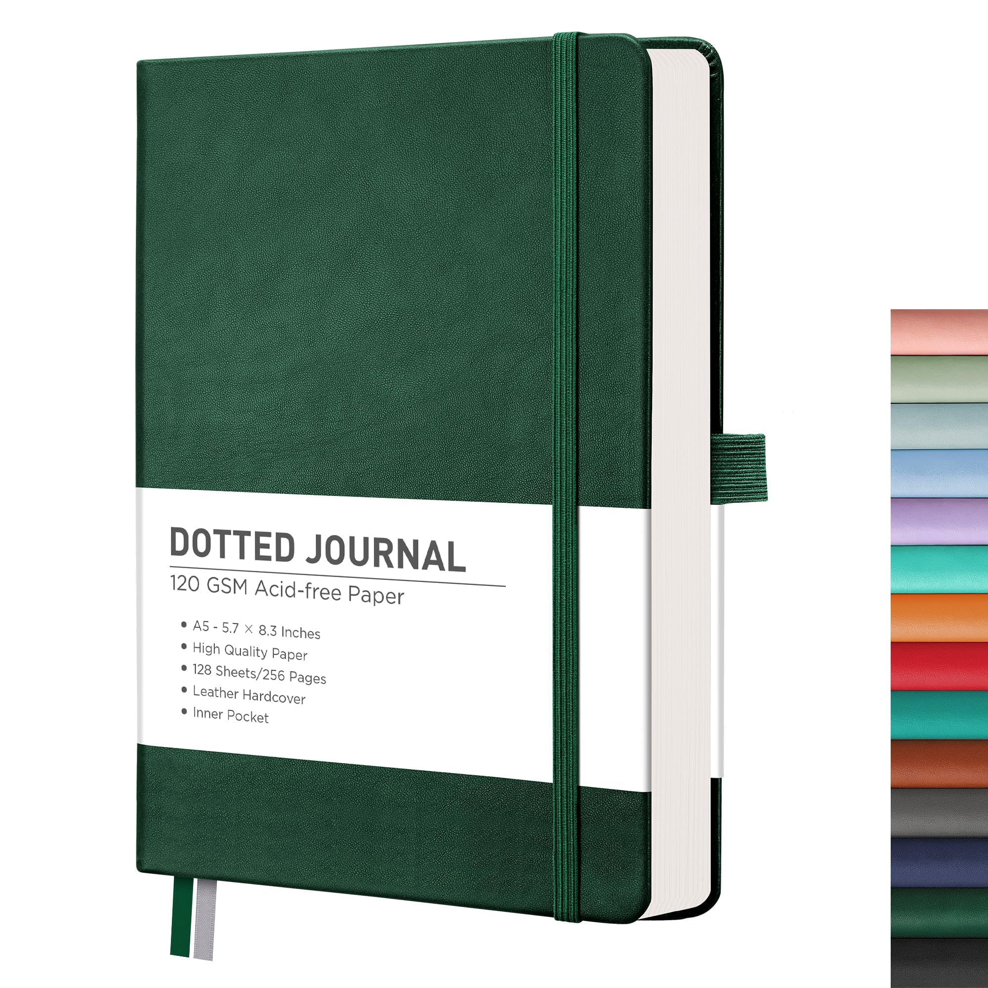 RETTACY Dotted Journal Notebook, 256 Pages, A5 Medium Size (5.7'' × 8.3''), Leather Hardcover, 120 GSM Thick Paper, for Journaling, Planning, Tracking