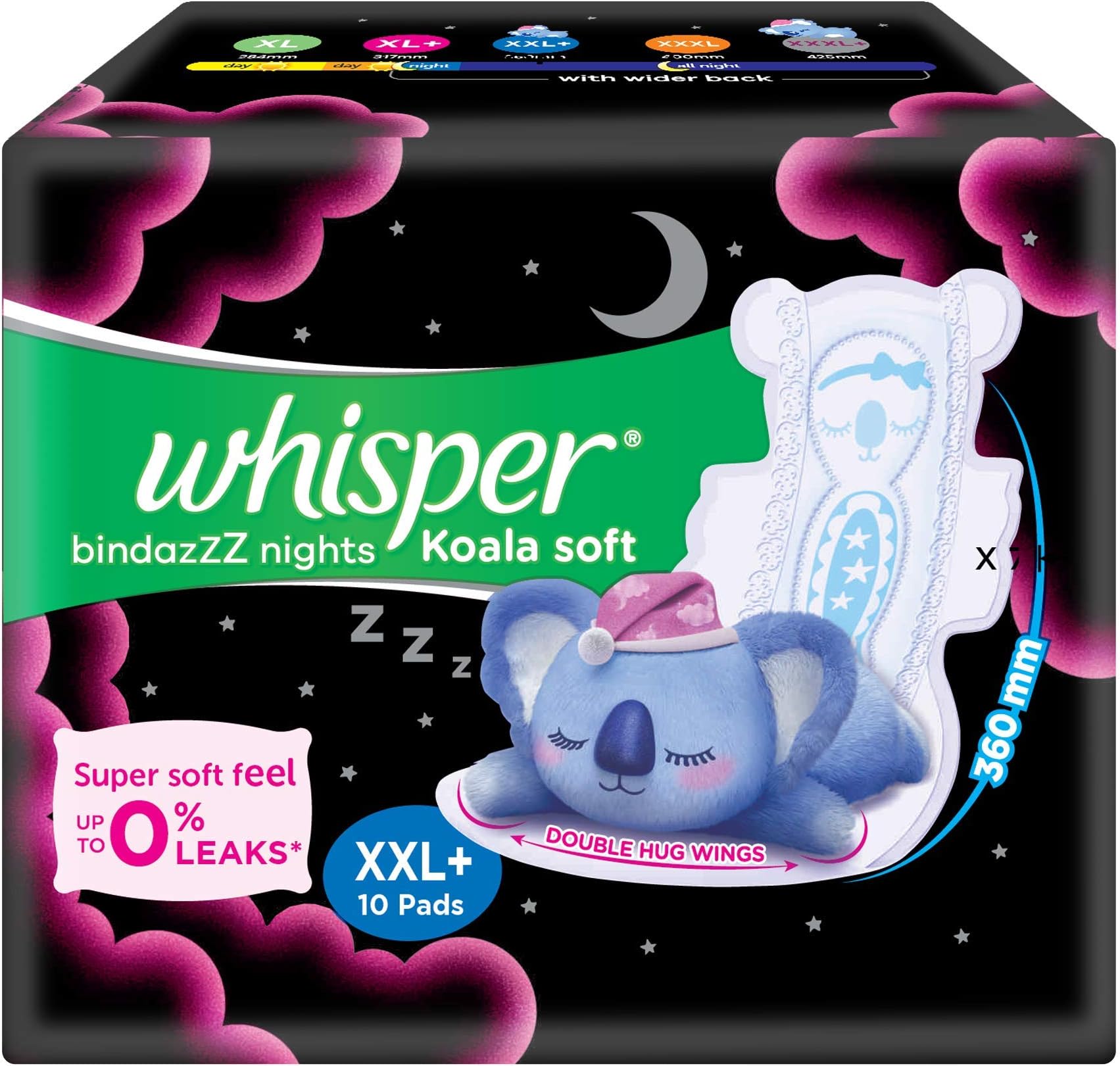 WHISPER BINDAZZZ NIGHTS KOALA SOFT SANITARY PADS, 10 XXL+ PADS, UPTO 0% LEAKS, 60% LONGER & WIDER BACK, SUPER SOFT TOPSHEET, DOUBLE HUG WINGS, DISPOSABLE WRAPPER, for Women