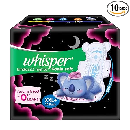 Whisper Bindazzz Night Koala Soft Sanitary Pads|Pack of 10 Pads|XXL+|upto 0% Leaks|60% Longer & wider back|Super Soft topsheet|Double hug wings|Irritation free|36 cm Long|With disposable wrap