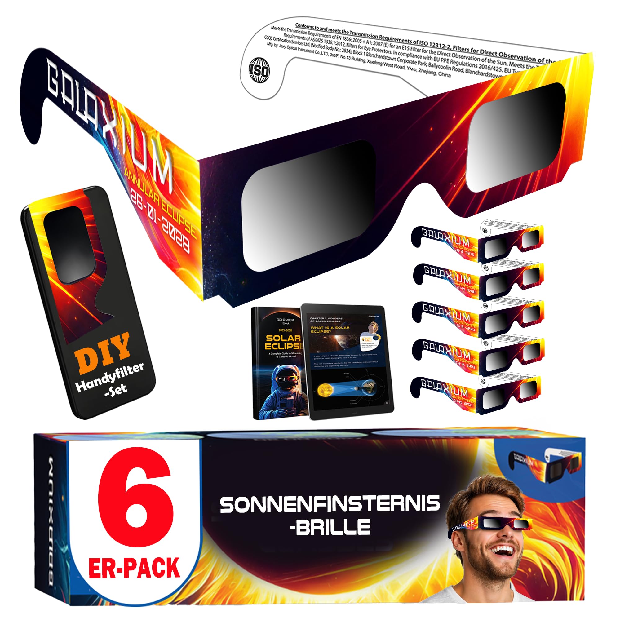 Galaxium 6er-Pack Sonnenfinsternis Brille 2026 ISO 12312-2 Zertifiziert | Brillen Sonnenfinsternis | Schutzbrille für Sonnenfinsternis | Sonnenfinsternisbrille | Solar Eclipse Glasses