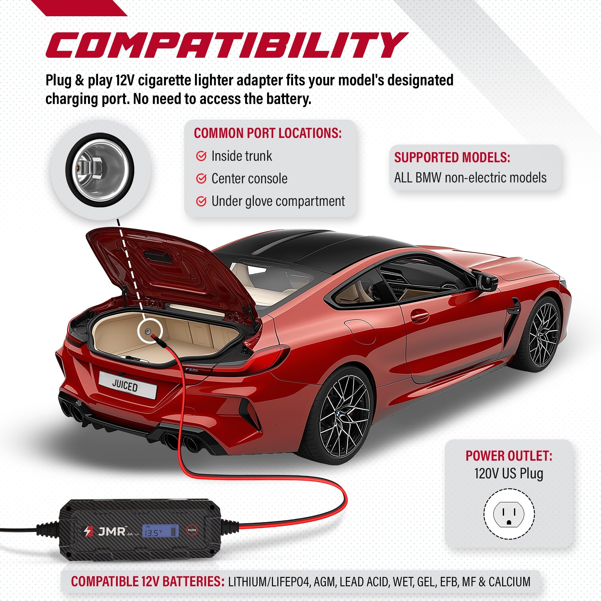 Juice My Ride BMW Battery Charger & Maintainer - 12V, 6A Smart Charger - Compatible with BMW M, X, Z, i Series, Alpina & More - Lithium, AGM, Lead Acid Batteries - Automatic 8-Step Charging Program