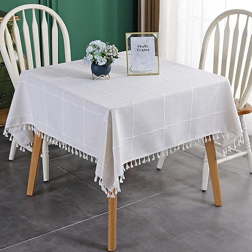 Miniatura 3 de Trczzone Mantel cuadrado de encaje bordado a cuadros de estilo rústico con borla, tela resistente y duradera, cubierta de mesa resistente a arrugas,