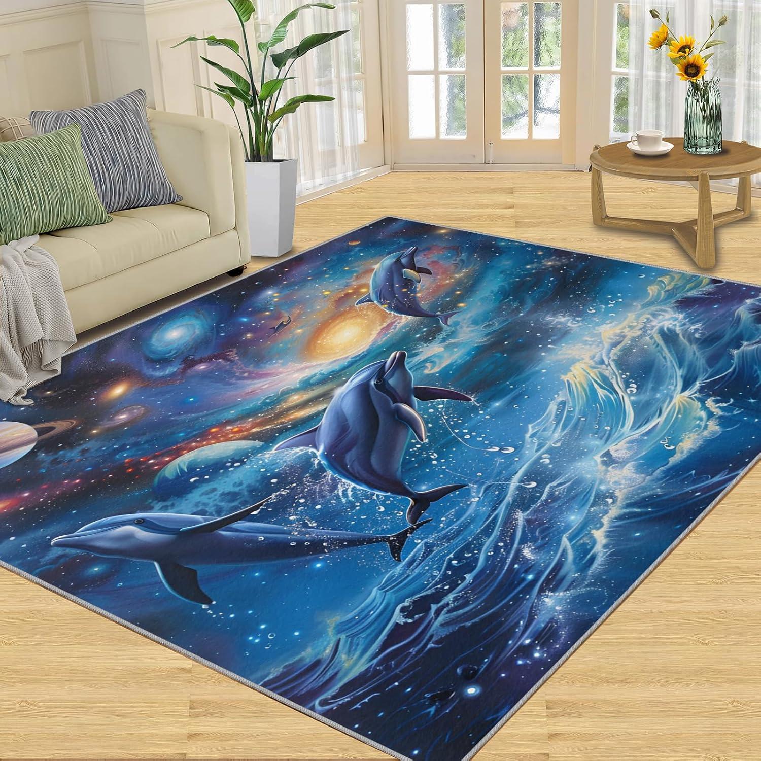 FACADUP Galaxy Dolphin Rug 150x180cm Creative Blue Ocean Starlit Sky Dolphin Rugs Soft Comfort Low Pile Carpet for Nursery Classroom Dorm Study Office Room Decor 3 81OP5PjBpIL. AC SL1500