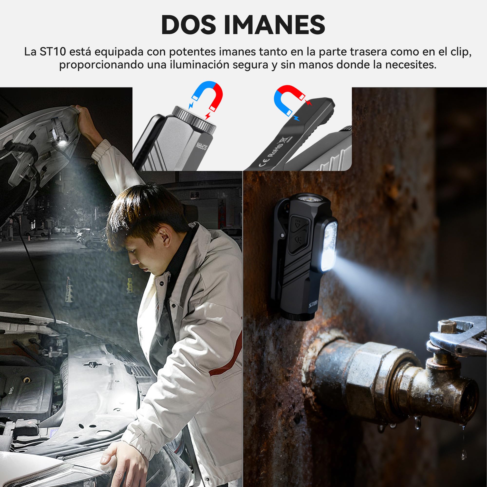 Sofirn ST10 Linterna Led Recargable, 1000LM Enfocado/500LM Inundación/660NM Luz Roja, Doble Imán, Typ-C, Clip, IPX6, Linternas Led Alta Potencia para Hogar, Pasear al Perro, Pesca, Emergencias
