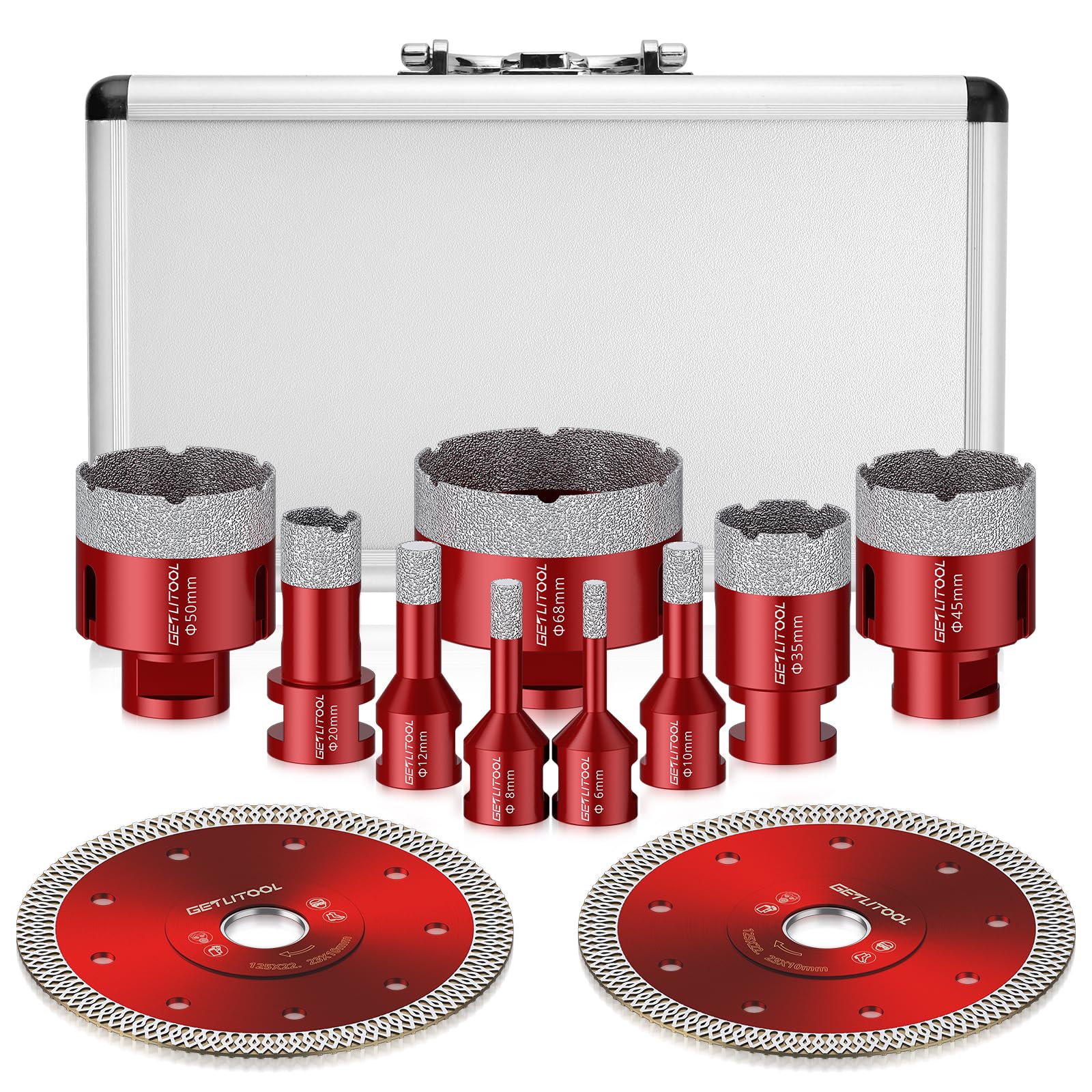 GETLITOOL Juego de brocas diamantadas de 11 piezas para amoladora angular M14, corte en seco/mojado para azulejos, mármol, granito, con 9 puntas de 6-68 mm, 2 discos diamantados de 125 mm y maletín de