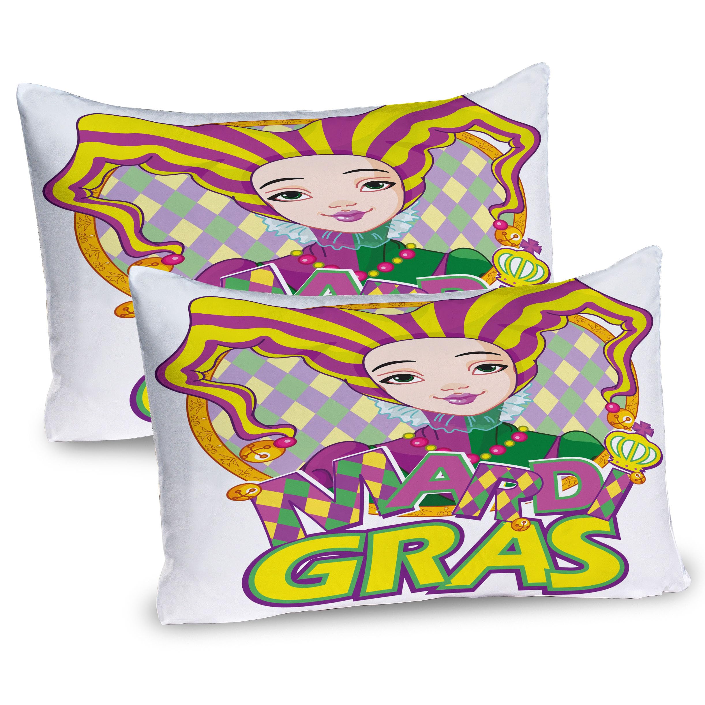 Ambesonne Mardi Gras Pillow Sham Set of 2, Carnival Girl in Harlequin Costume and Hat Cartoon Fat Tuesday Theme, Quality Microfiber Bedding Item for All Seasons, 26
